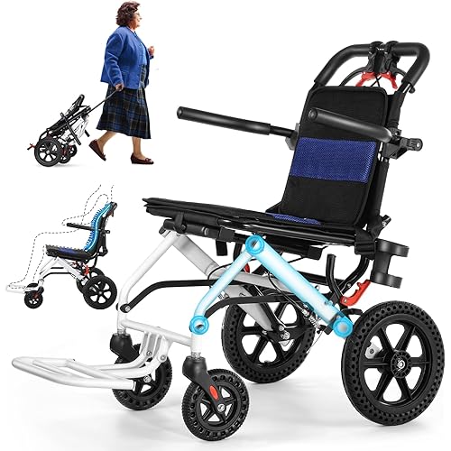 Lightweight Transport Wheelchair, Portable Attendant-propelled Wheelchair with Extra-Wide Armrests & 10" Honeycomb Big Wheels, Easy to Maneuver, Folds Like Luggage with Telescopic Handle
