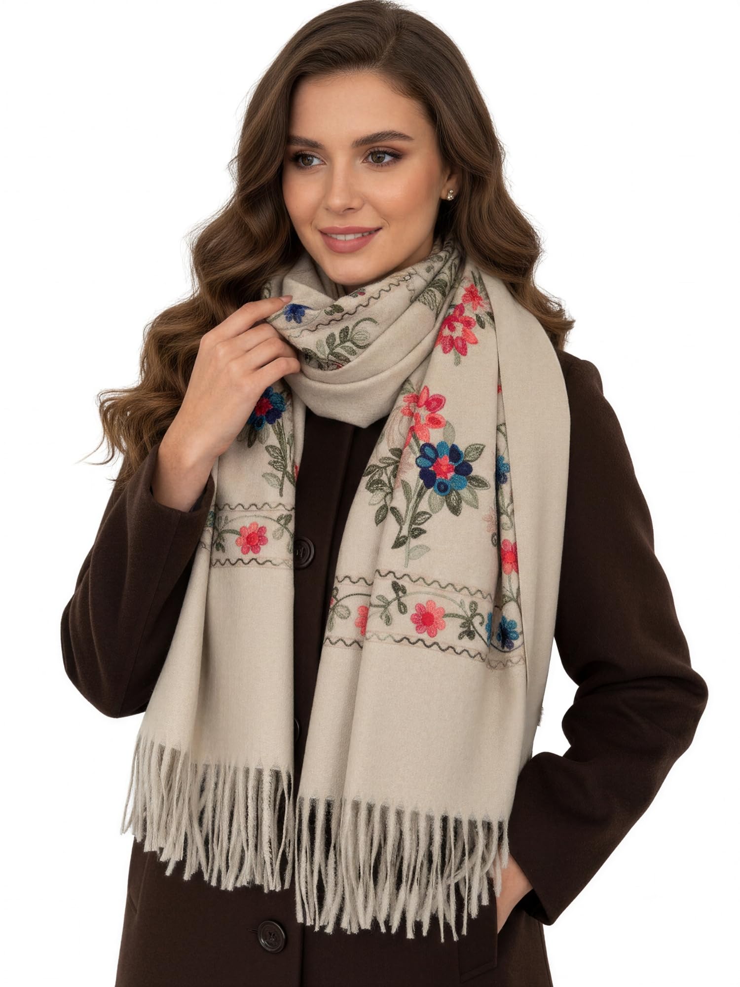 Women Pashmina Scarf Shawl Wrap, Large Long Paisley Floral Rainbow Ladies Scarves, Wearable Winter Blanket Scarfs, Indian Shawl Wedding Evening Stole, Cashmere & Cotton (Beige Rainbow Floral)