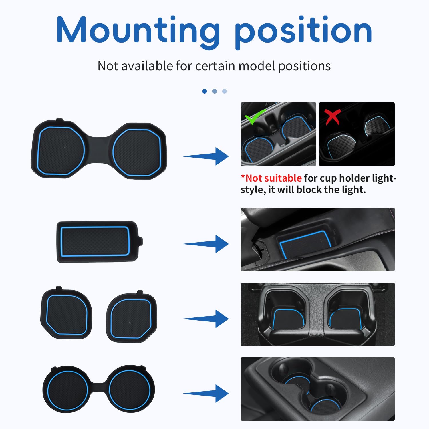 Auovo Auto Cup Holder Inserts Coaster Fit for 2020-2024 Gladiator JT Accessories Center Console Mat Pad Interior Decoration(Blue Trim, 5-pcs kit, for deep Rear Cup Holders)