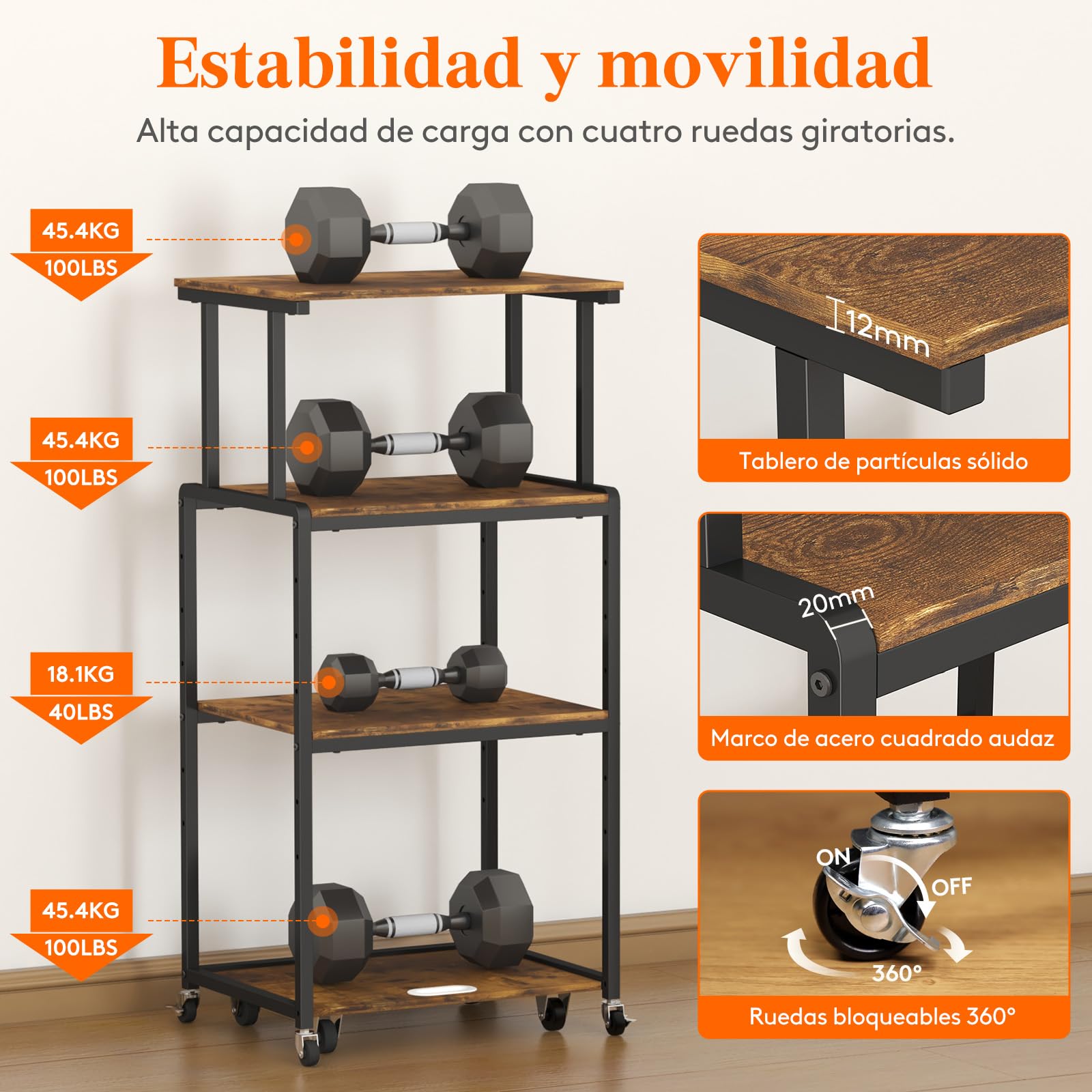 Lifewit Soporte para Impresora de 4 Niveles con Ruedas y Estante de Almacenamiento Ajustable para la Oficina en Casa, Carrito para Trituradora, Escáner, Marrón Rústico, 53x40x112cm