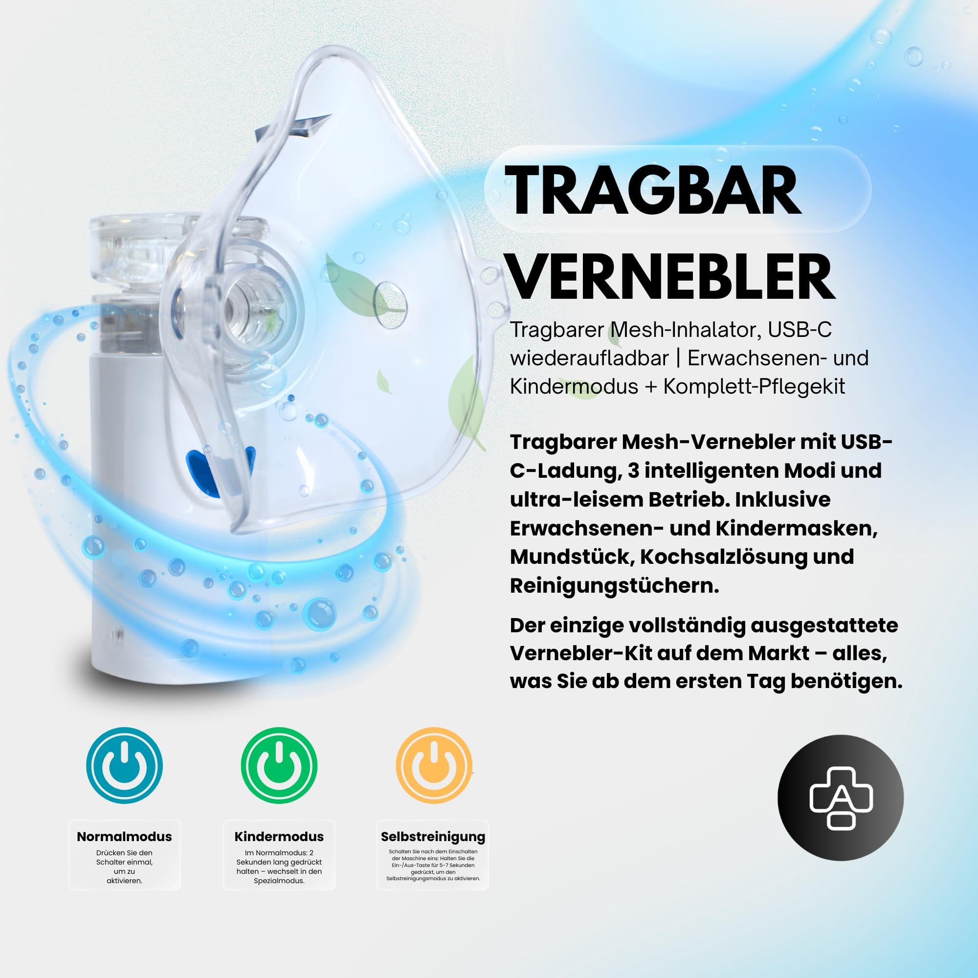 Tragbares Vernebler Set - Inhalationsgerät + 30 Ampullen Sterile NaCl 0,9% Kochsalzlösung zur Inhalation + Reinigungstücher für Reise und Haushaltsgebrauch for Adults and Kids