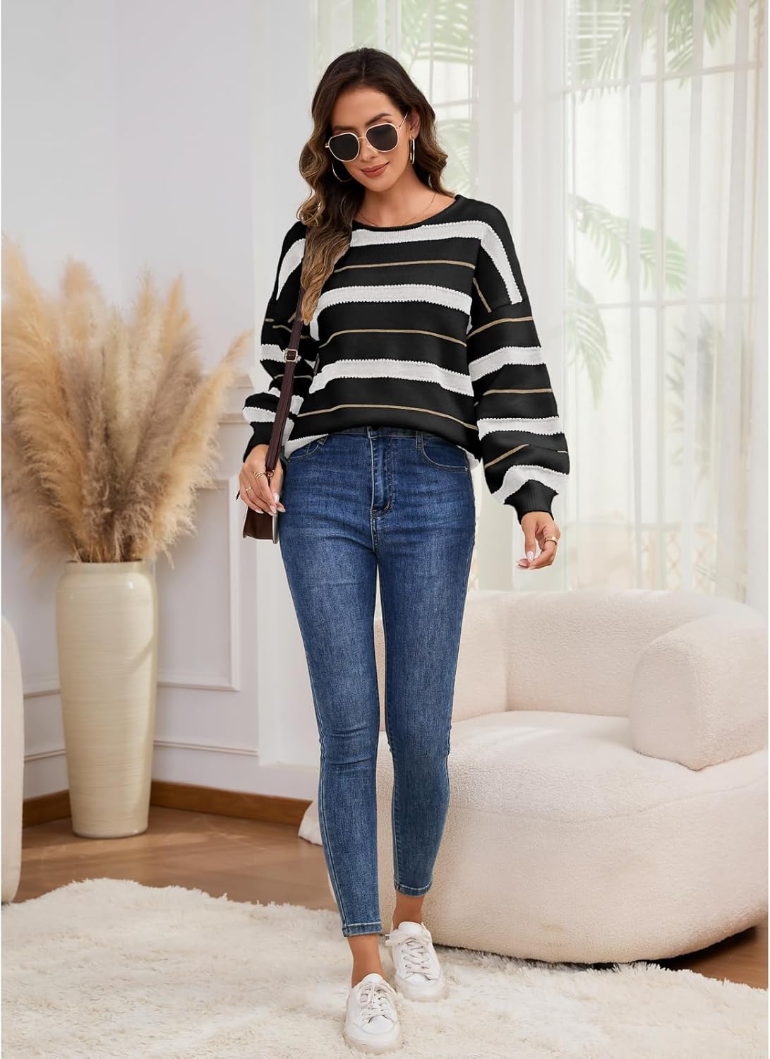 ANCAPELION Women's Color Block Sweaters Long Sleeve Crewneck Pullover Cozy Knitted Striped Jumper Tops - Image 5