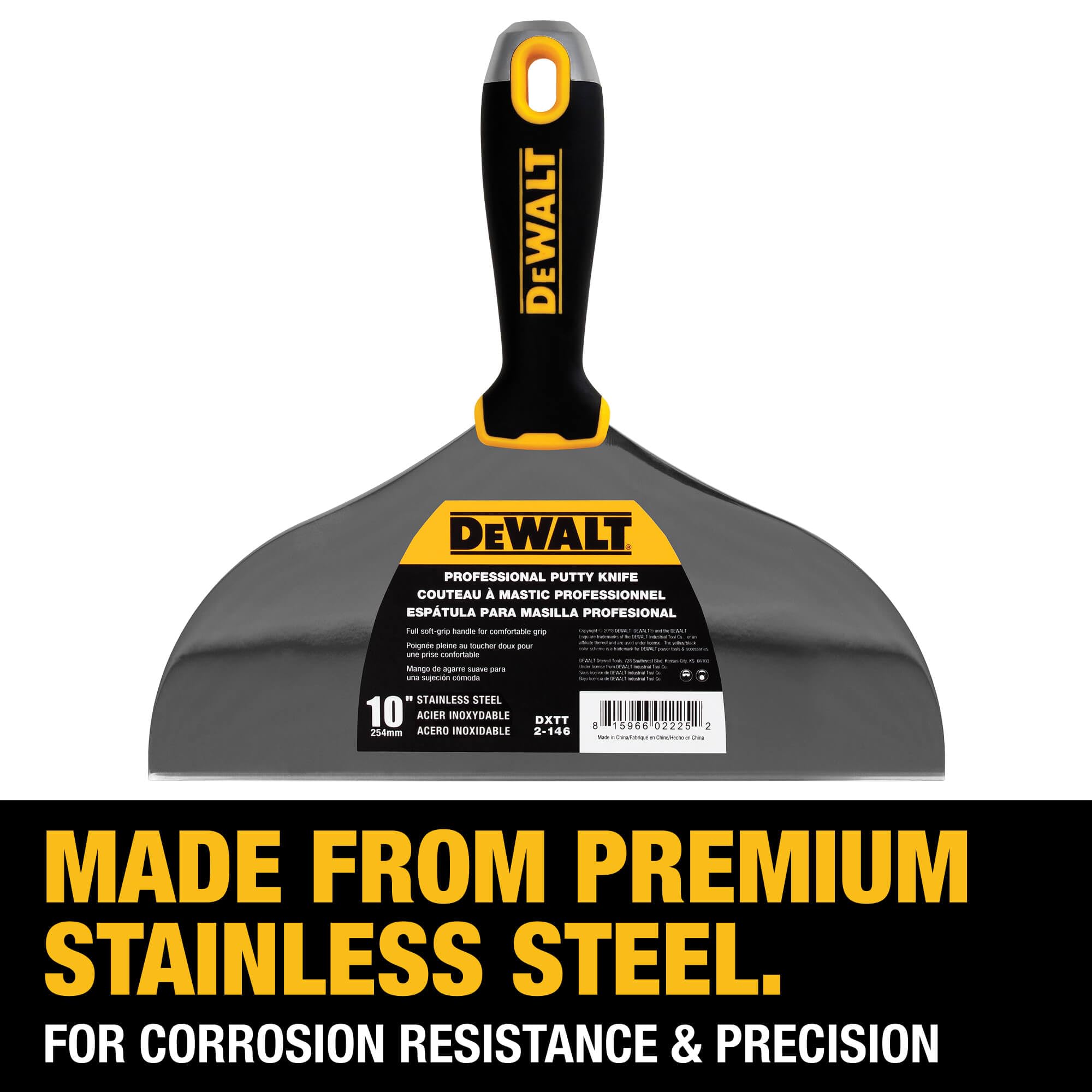 DEWALT Cuchillo de masilla de 25,4 cm | Acero inoxidable con mango de agarre suave | DXTT-2-146