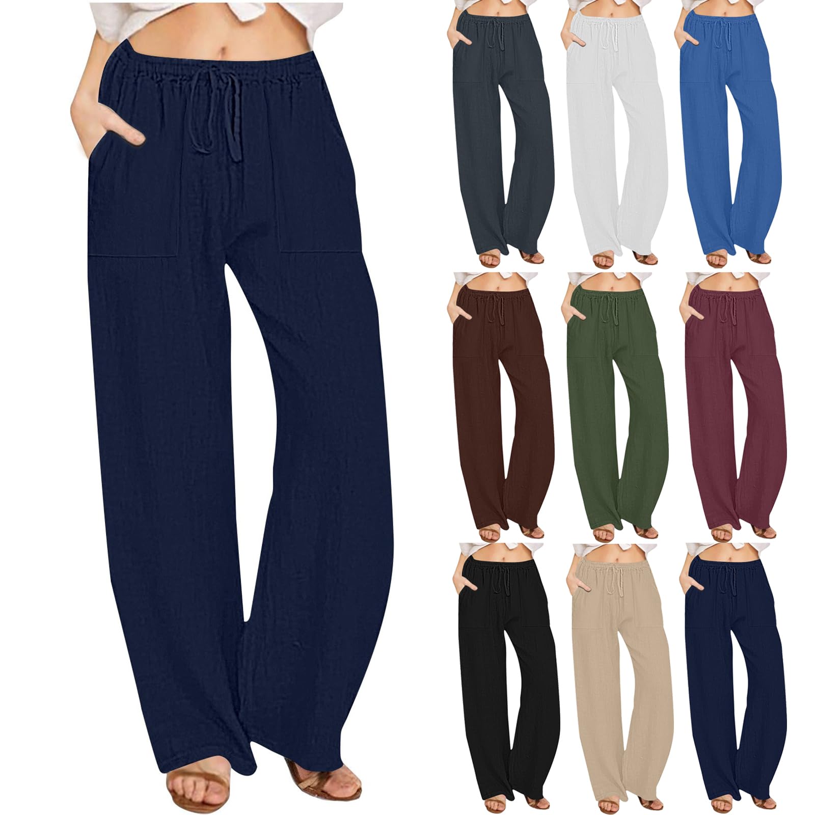 Womens Linen Pants 2026 Casual Summer Wide Leg Palazzo Pant Drawstring High Waisted Flowy Beach Vacation Trousers