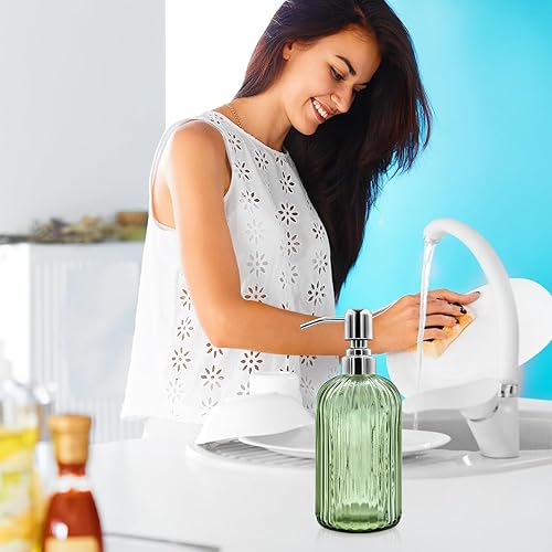 Miniatura 5 de Dispensador de jabón de vidrio de 18 onzas con bomba de acero inoxidable, botella de jabón líquido recargable de diseño moderno acanalado para baño,