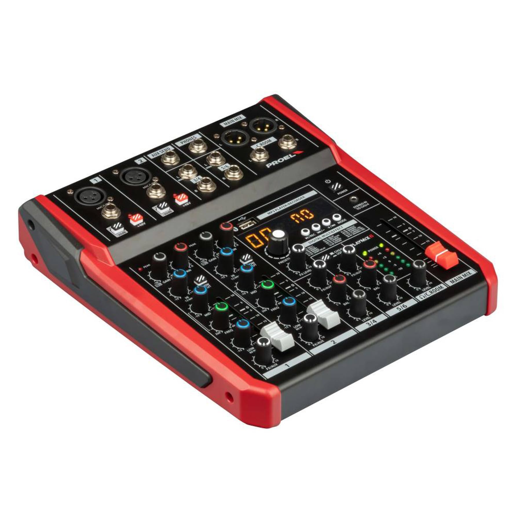 PROEL Proel PLAYMIX6 - Mixer audio a 6 ingressi con modulo bluetooth, lettore MP3 e Registrazione stereo su USB, Nero rifiniture in Rosso