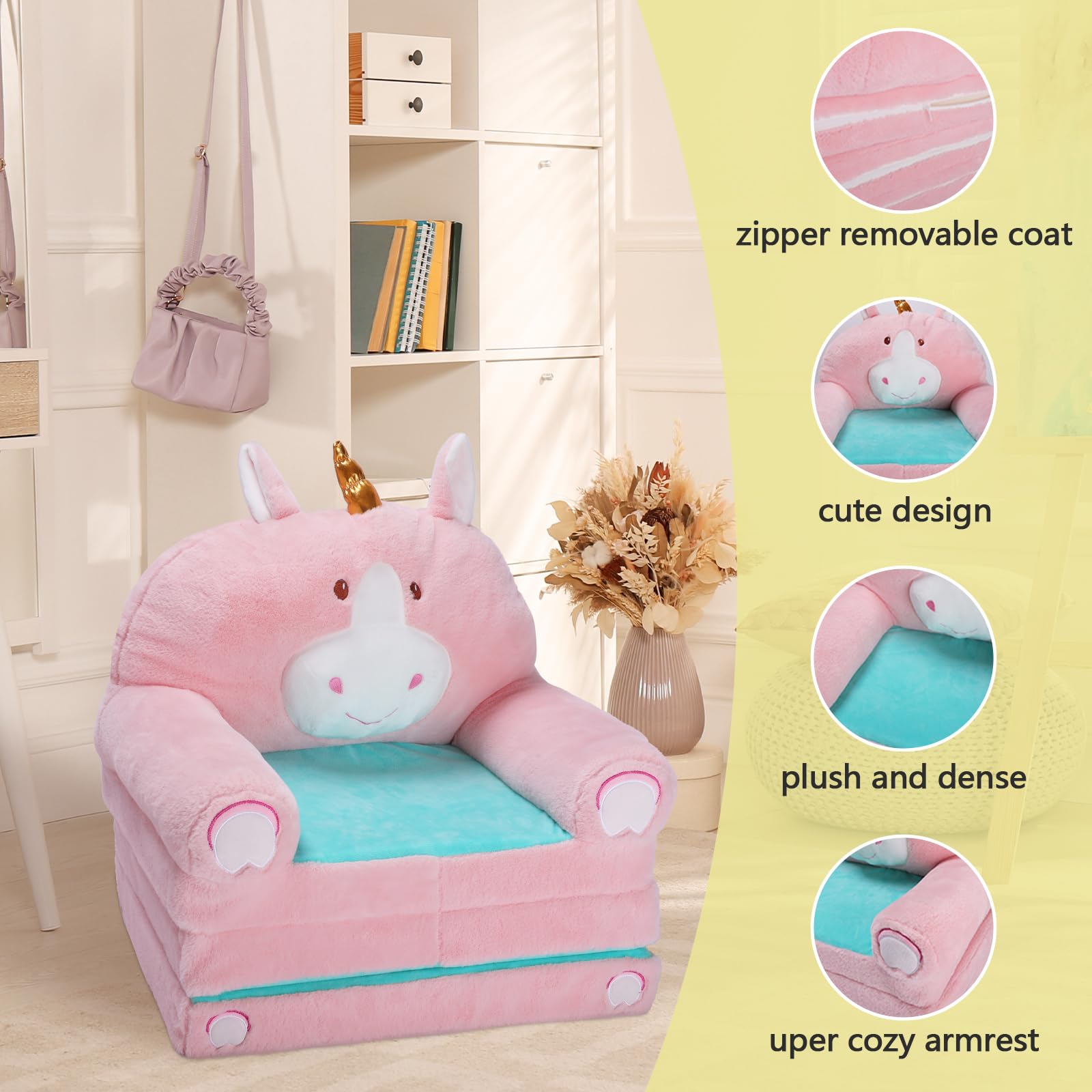Sofá Plegable de Felpa para Niños Sillón con Respaldo 2 en 1, Sillón Infantil Cómoda Animados con Cremallera, Ligero Estable Sofá Cama para Bebé para Dormitorio Sala de Estar, Unicornio (3 Capas)