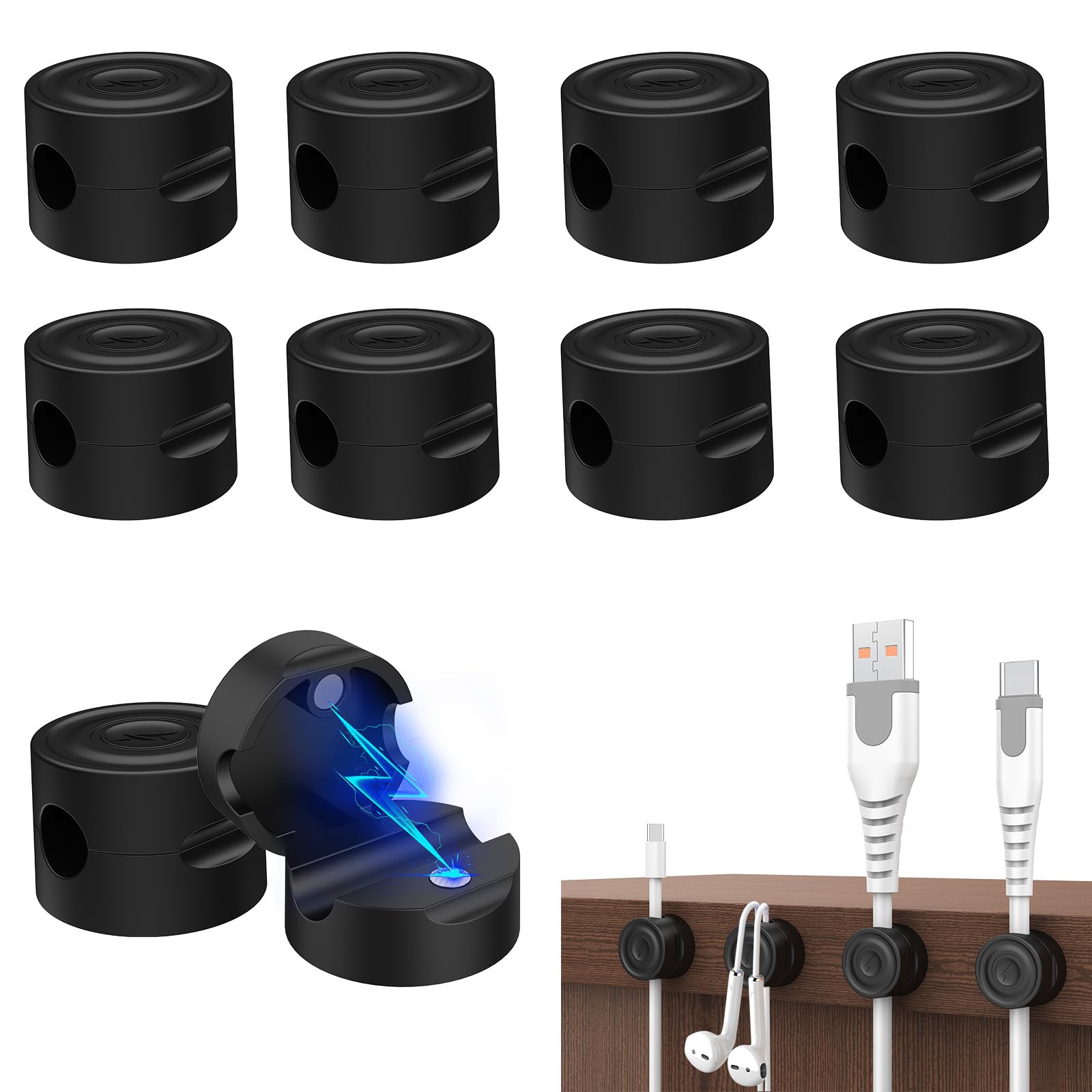 5er-Set Magnetische Kabel-Organizer – Für Schreibtisch, Nachttisch & Co. Mit Klebeetiketten & Steckdosenleiste