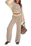 Pink Queen Women's Swimsuit Cover Up Set 2 Piece Crochet Long Sleeve Crop Top Wide Leg Pants Beach Coverups Outfits
