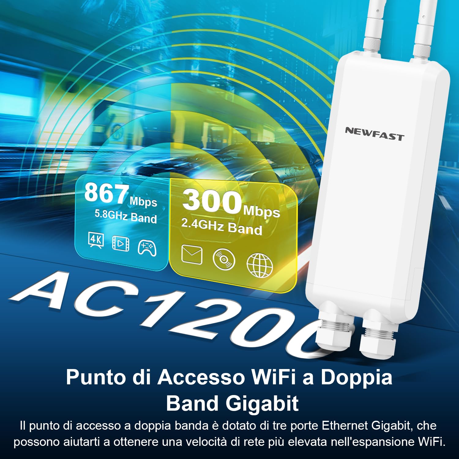 NEWFAST Ripetitore WiFi Esterno, 1200Mbps Access Point Esterno Dual Band 5GHz/2.4GHz Extender WiFi Potente con 48V PoE Power, 3*Gigabit Porta Ethernet, 2 * 5dBi Antenne, IP66, per Esterni