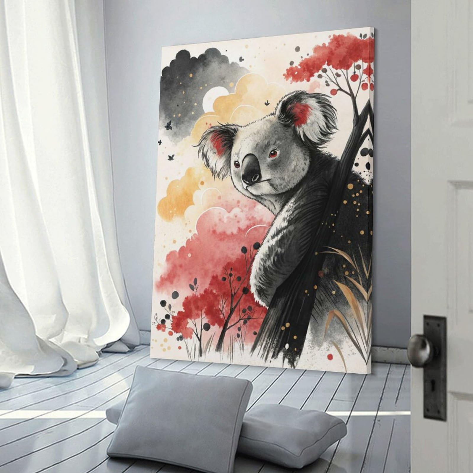 Junmoney Frame-Style-1 Hanging Wall Art Watercolor Koala Bear In Nature, 24X36inch(60X90cm), For Wall Displays, Bedrooms Or Room Updates, Wall Decor Suited To Curated Displays