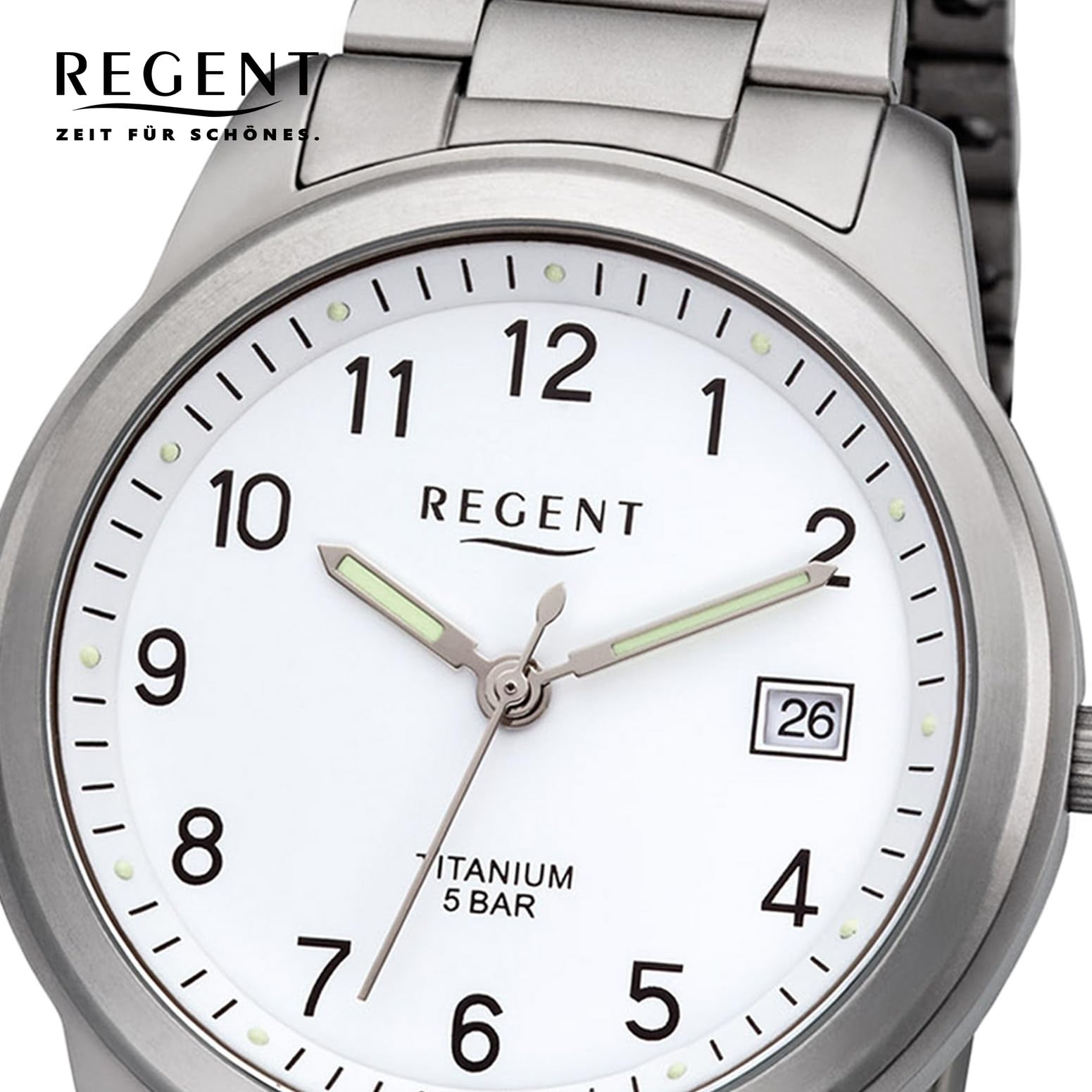 REGENT Herrenuhr mit Titan Glieder Armband und Titan Gehäuse 36 MM Durchmesser Quarz Arabische Zahlen Datum