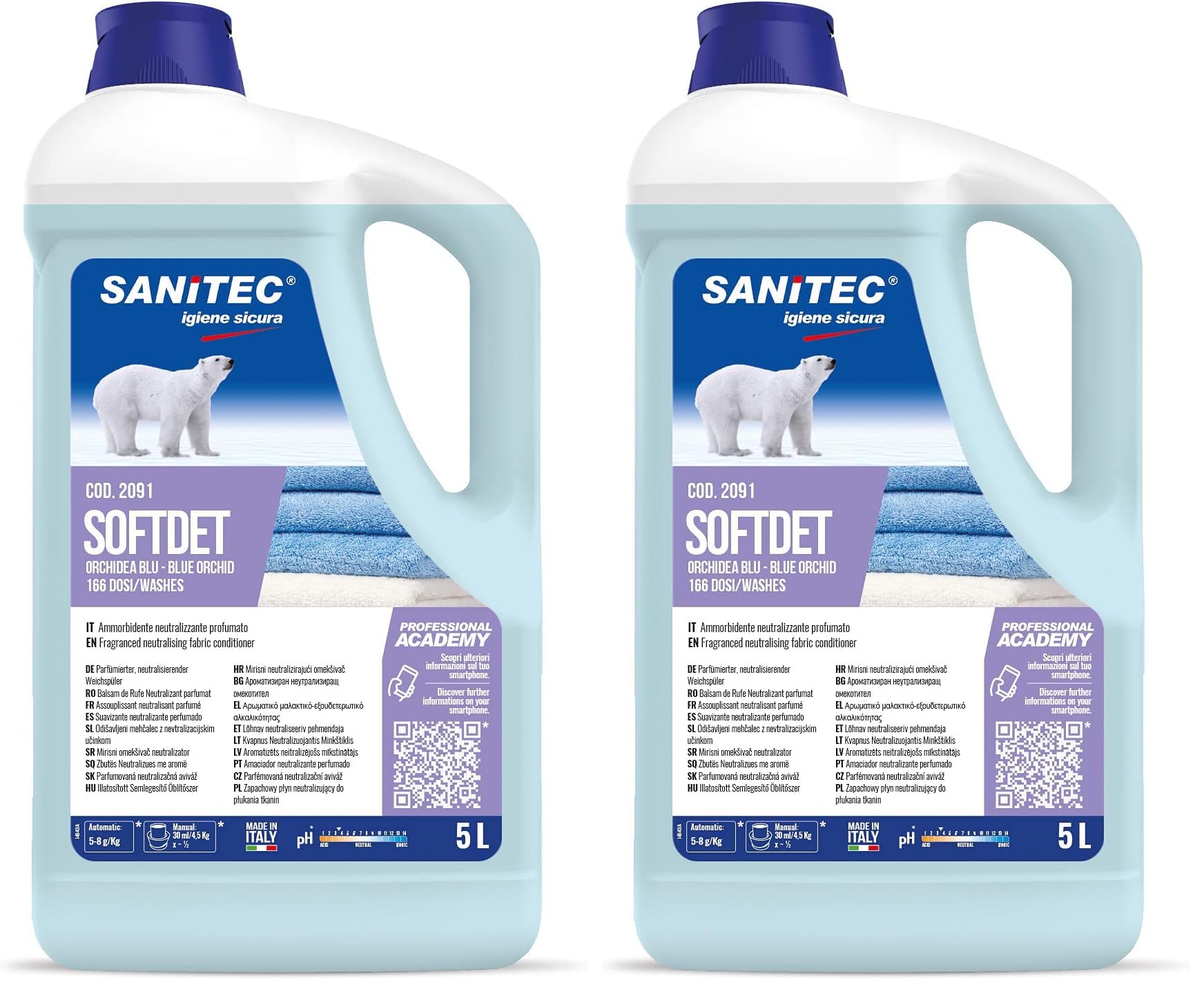 Softdet - Additivo Ammorbidente Profumato Igienizzante per Lavaggio a Mano e in Lavatrice - Bianchi e Colorati - Orchidea Blu - 5 kg (Confezione da 2)