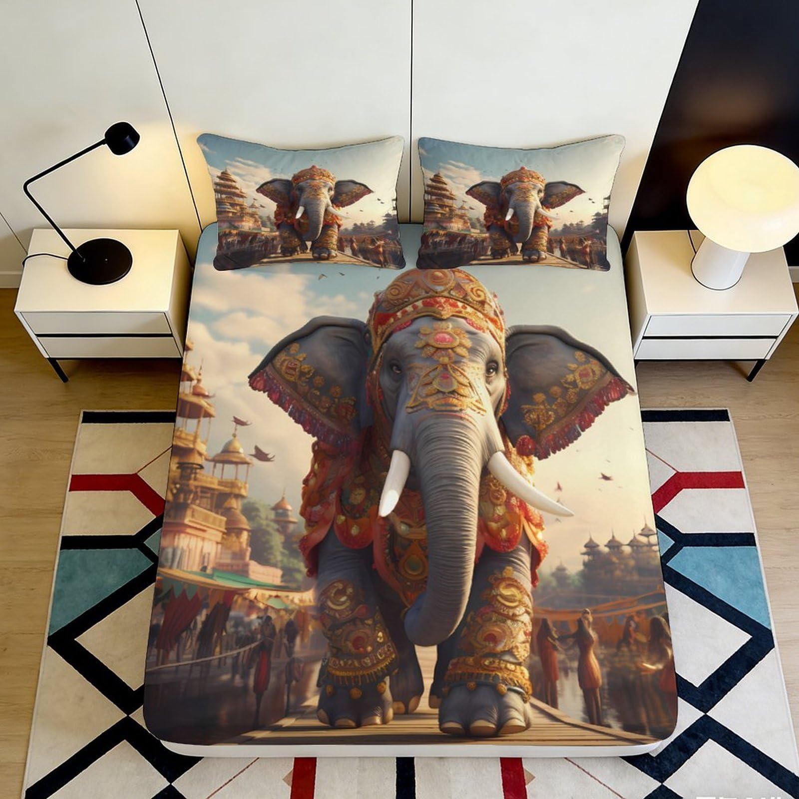 3D Printed Majestic Elephant Fitted Sheet Microfiber Soft Anti-Slip Ornate Temple Bed Cover for Bedroom Guest Room 200x200x25cm