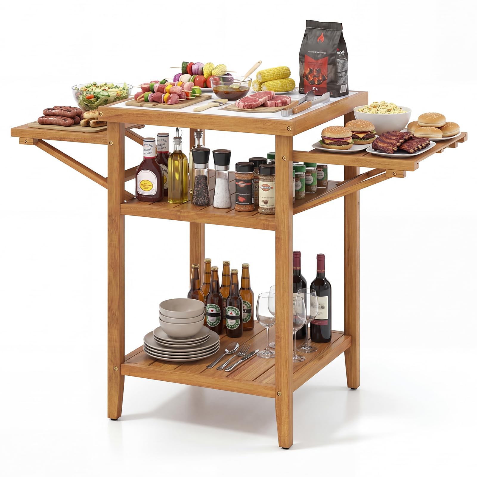 COSTWAY Grilltisch Outdoor, Campingtisch aus Akazienholz, Gartentisch mit 2 klappbaren Seitenablagen, 2 offene Ablage & Tischplatte in Marmoroptik, BBQ-Tisch für Grillen Camping Garten, Natur