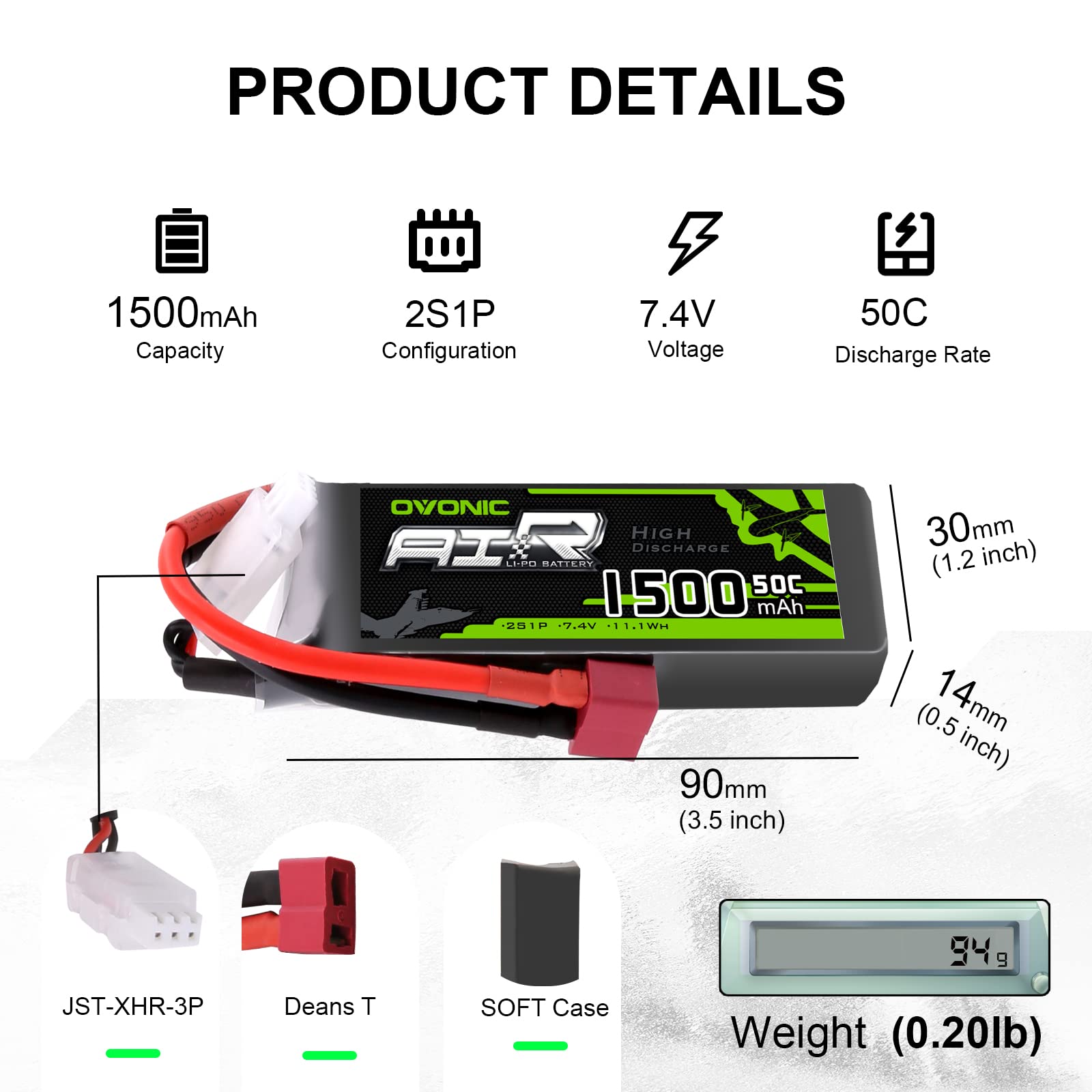 OVONIC 2S Lipo Bateria 7,4V 50C 1500mAh JST do RC Model
