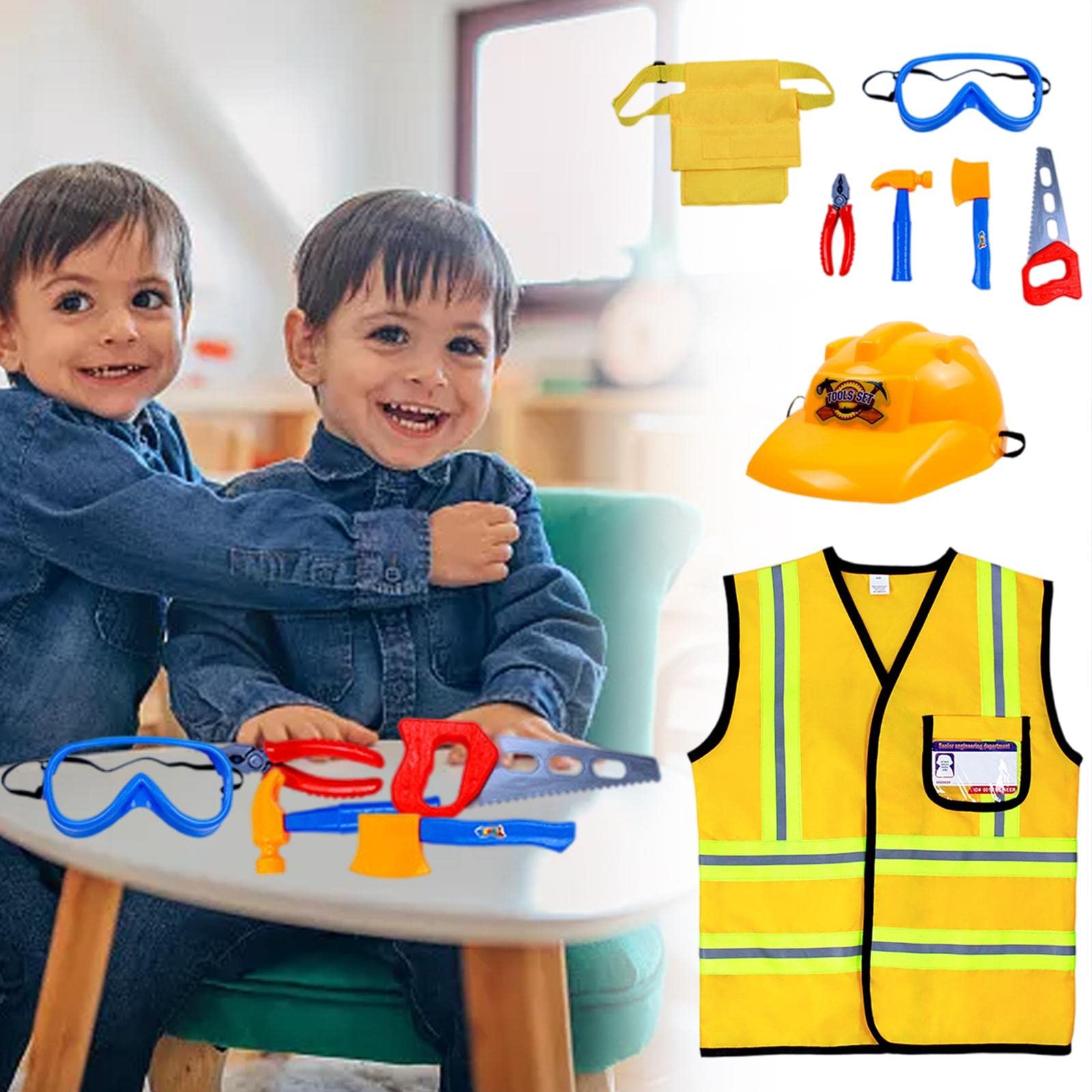 Kinder Kostüm Set Cosplay Uniform Verkleidung Rolle Feuerwehrmann Polizei Bauarbeiter mit Langlebigem Polyester Hut Und Rollenspiel Zubehör für, 0062