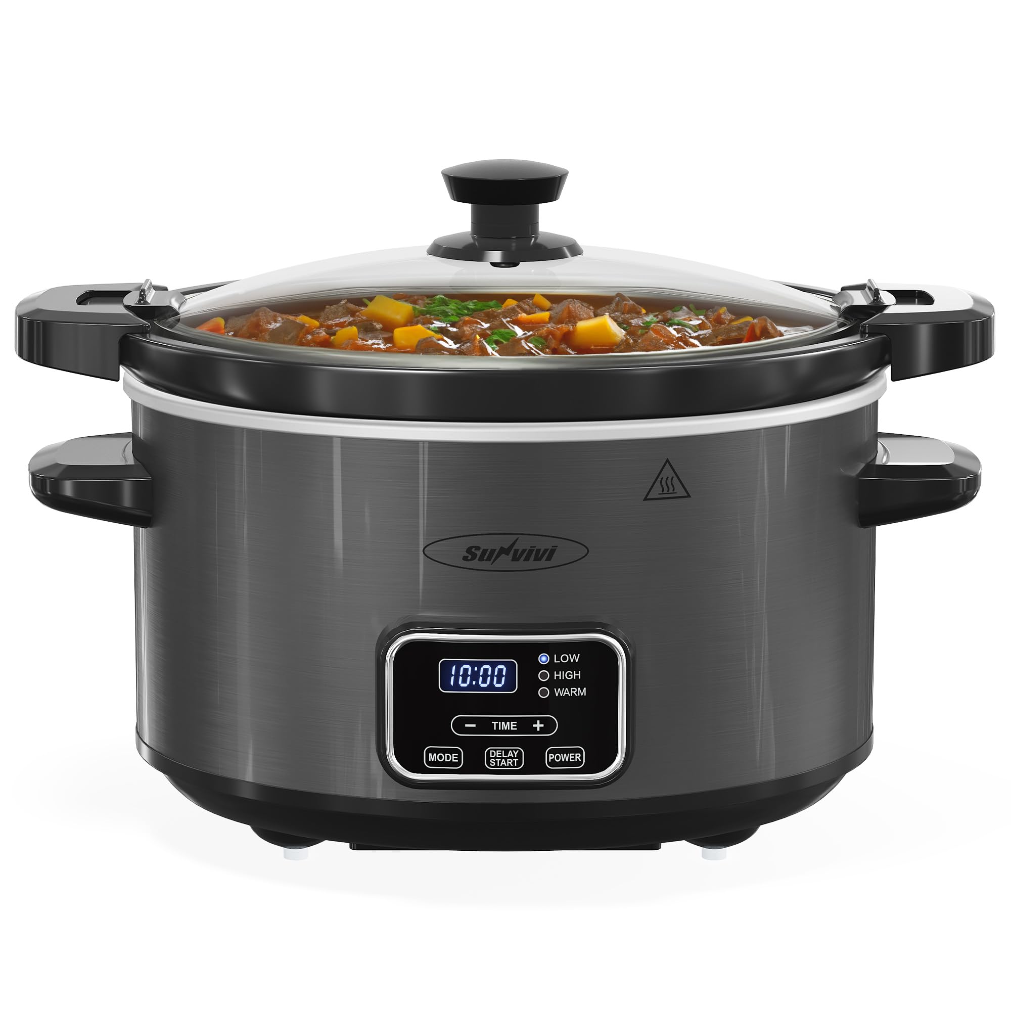 SUNVIVI4QT Programmable Slow Cooker with Locking Lid, Removable Ceramic Pot, 3 Heating Settings & Timer, Dishwasher-Safe,Black