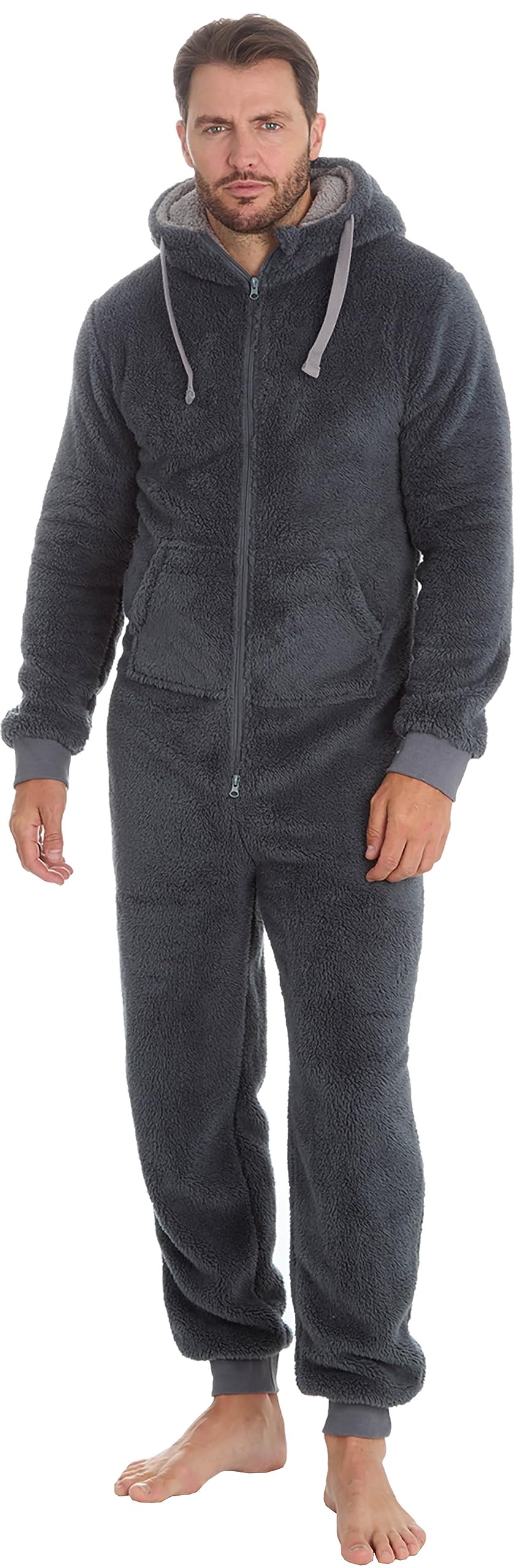 Onesies for Men | Super Soft Snuggle Hooded Onesie Grey Navy Black | Men's Warm and Cozy Fleece Nightwear Loungewear Snuggle Fleece Pyjamas Men All in One Jumpsuit | Gifts for Him