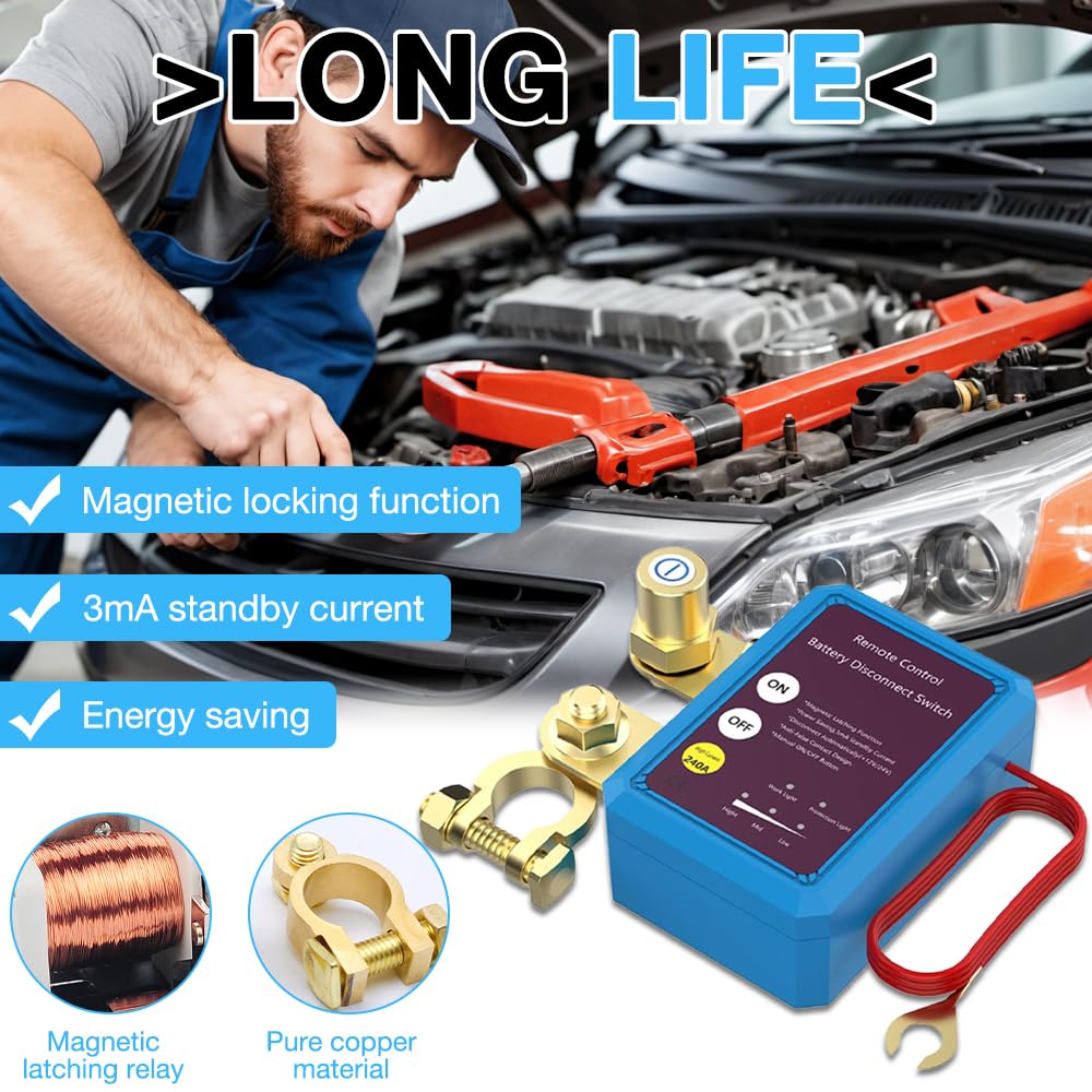 Drahtloser Ferngesteuerter Auto Trennschalter, Batterie Trennschalter 12V /24V 240A, Fernbatterie TrennsChalter mit 2 Fernbedienung, Automatische Abschaltung Schalter für Auto, ATV, LKW, Boot