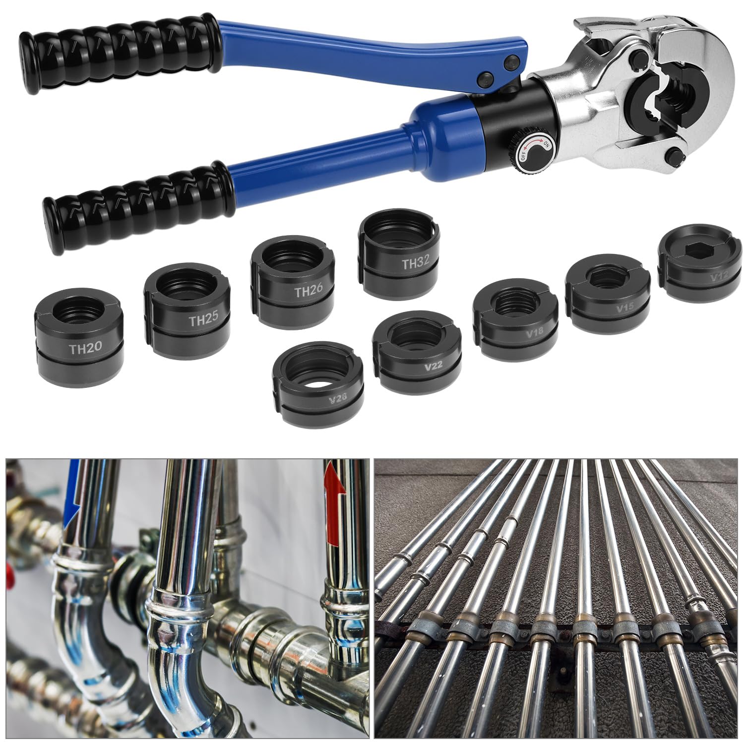 QWORK Szczypce do zaciskania rur, szczypce do zaciskania rur hydraulicznych TH16, TH20, TH25, TH26, TH32 i V12, V15, V18, V22, V28 mm, do rur aluminiowo-plastikowych i rur ze stali nierdzewnej