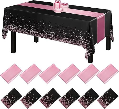 Juego de 12 manteles de plástico desechables y camino de mesa de satén, 54 x 108 pulgadas, mantel de punto negro y oro rosa de 12 x 108 pulgadas,