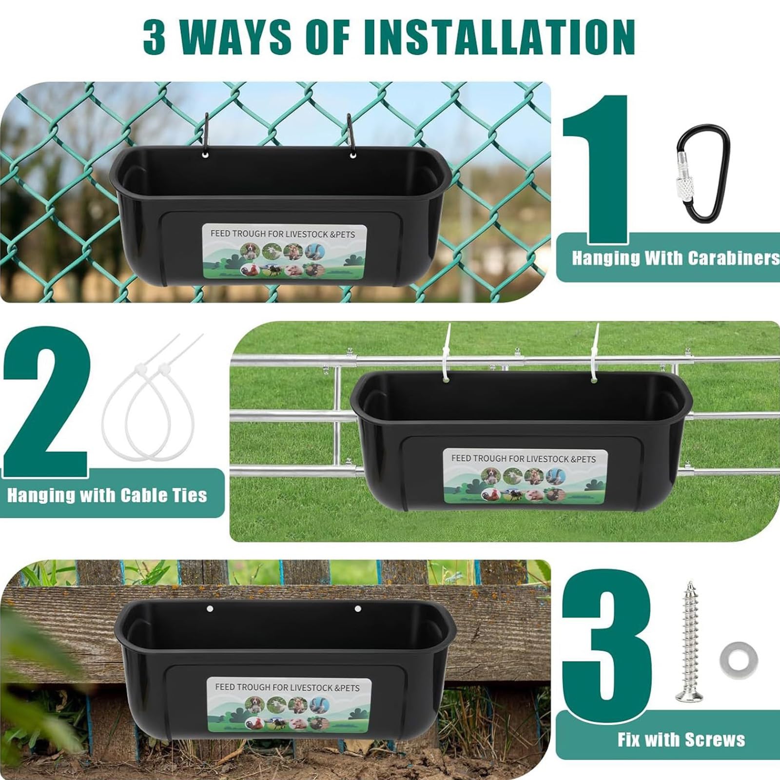 Comedero para aves de corral de ABS negro con clips, bridas para cables para jaula de pollo o comedero de pared para múltiples animales