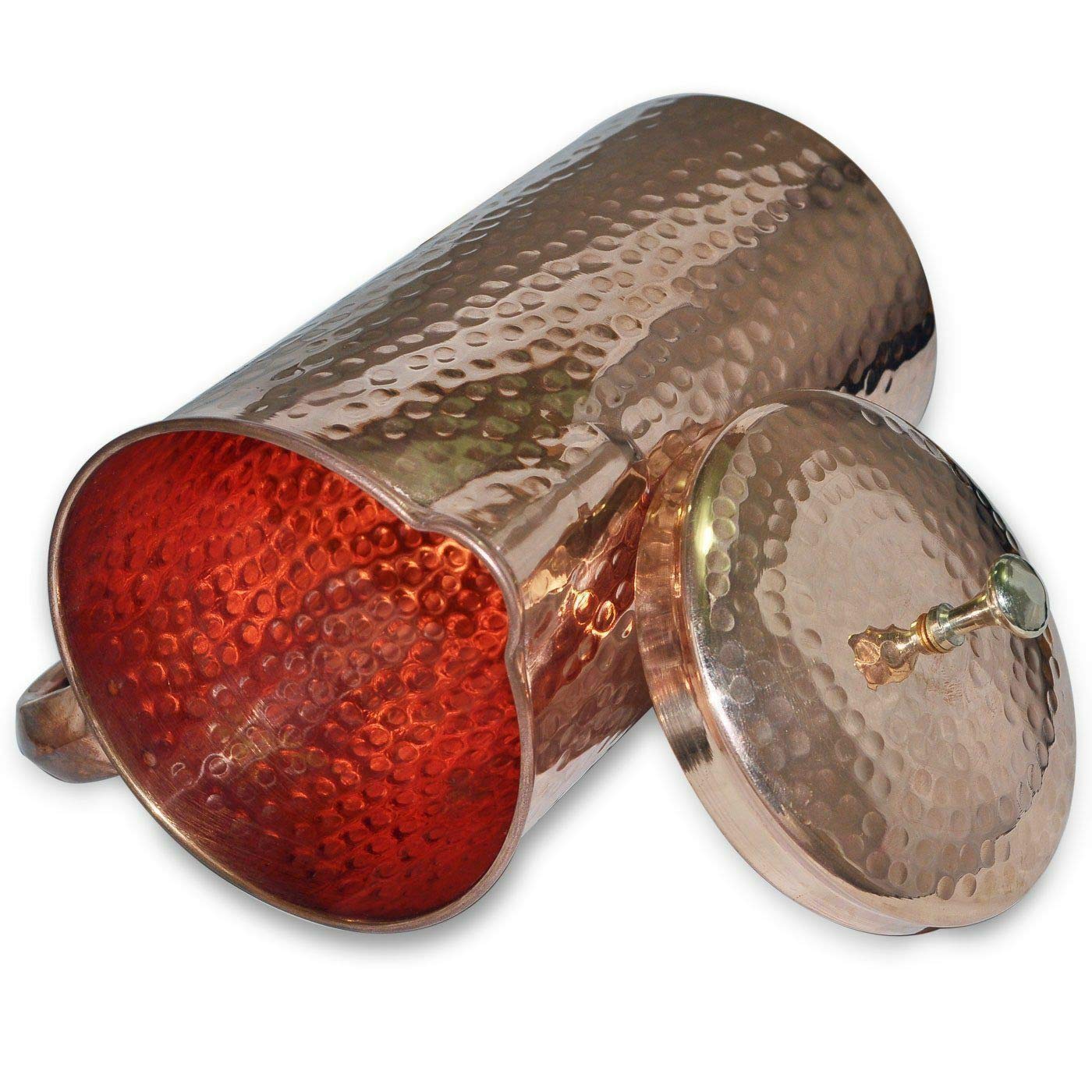 Jarra martillada de cobre puro de con tapa para beneficios de salud con 6 vasos de agua 1.5 L