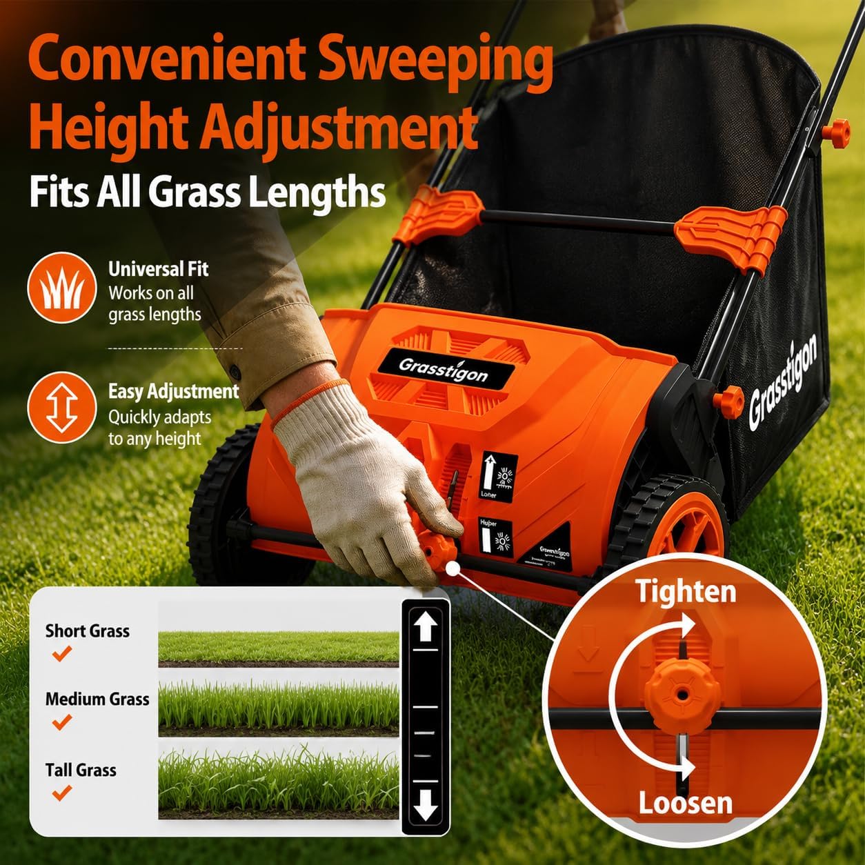 Grasstigon 21-Inch Manual Push Lawn Sweeper, Grass & Leaf Collector