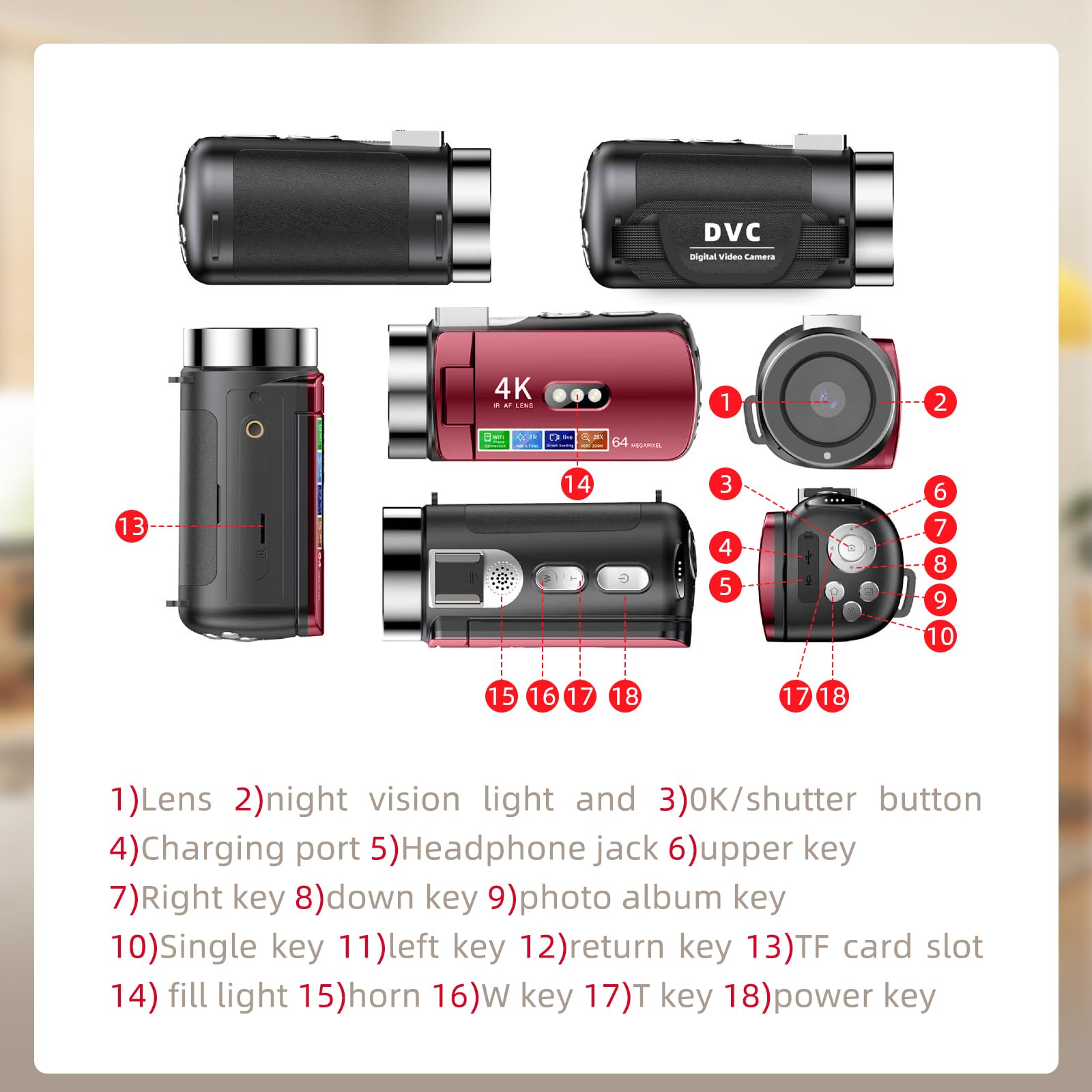 Flylin Caméra vidéo 4K, caméra de vlogging avec WiFi, vision nocturne infrarouge, 64 MP et zoom numérique 28x, filtre rétro et mode beauté et microphone, écran rotatif IPS 3" et batterie 4800 mAh