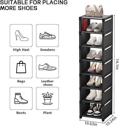 Miniatura 3 de Zapatero vertical de 8 niveles, estante alto de metal para zapatos, organizador de almacenamiento de zapatos, apilable y estrecho para puerta