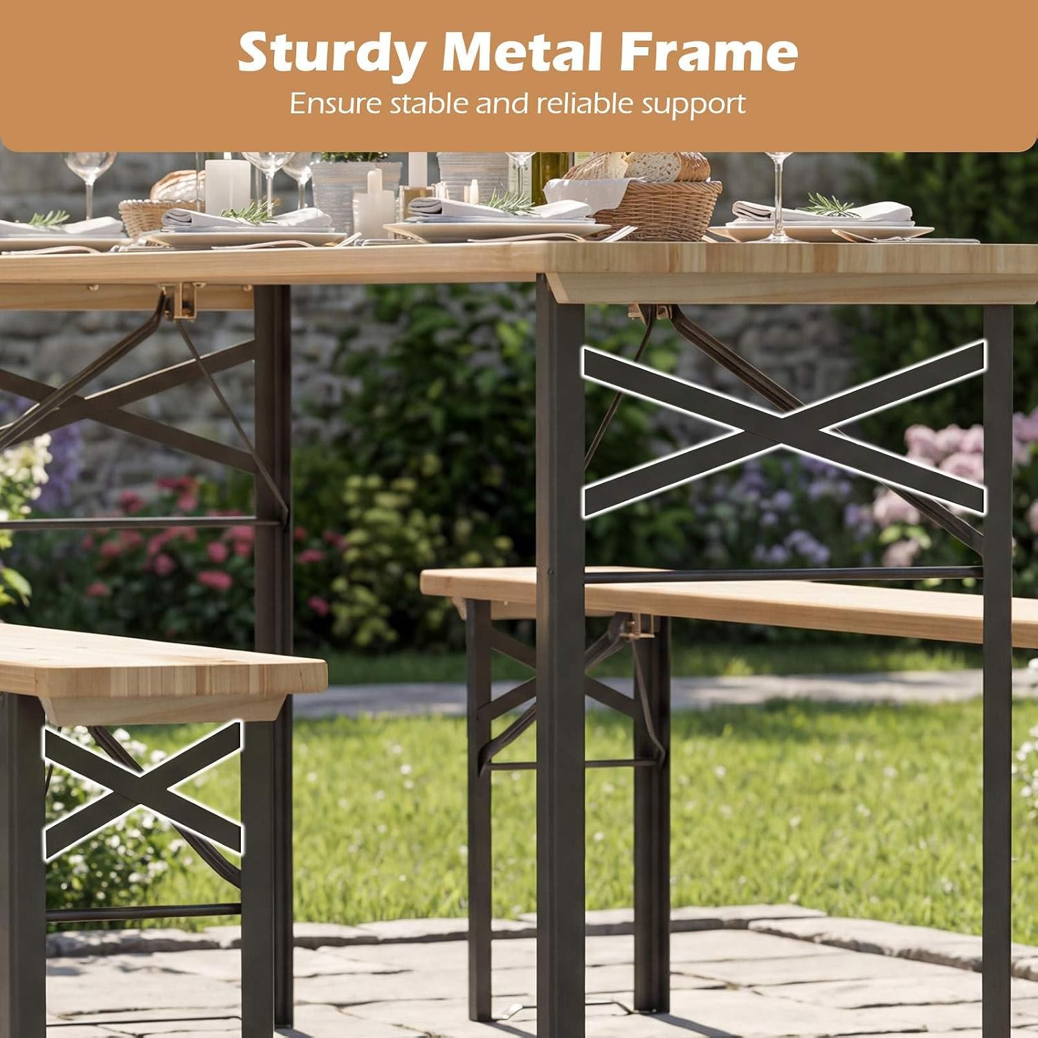 Costway 177 CM Folding Picnic Table with 2 Benches, 3-Piece Solid Fir Wood Camping Beer Table Bench Set with Metal Frame for 6 People, Portable Outdoor Dining Furniture Set for Patio Garden Backyard