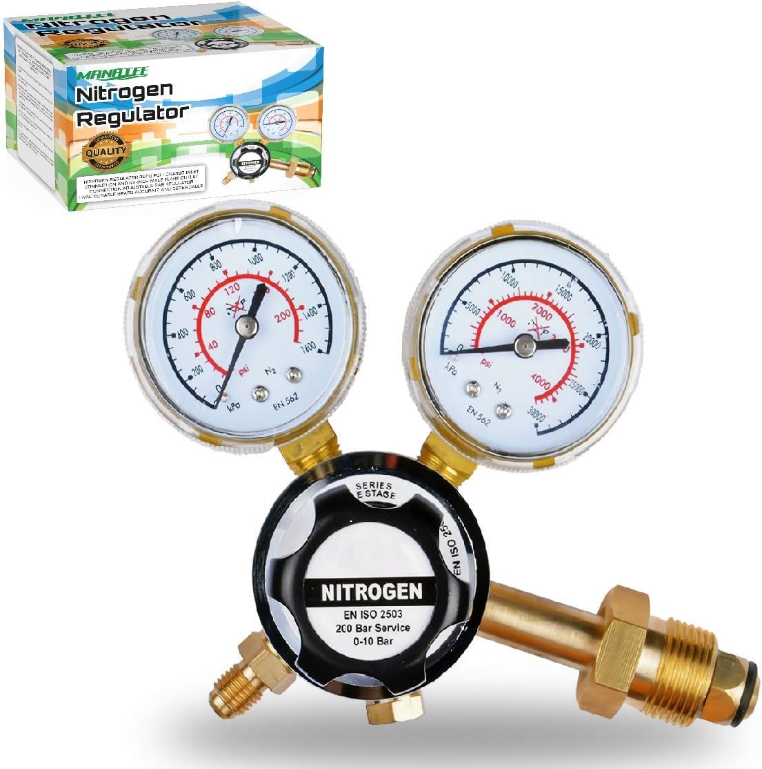 MANATEE Nitrogen Regulator 3000 PSI - CGA580 Inlet Connection and 1/4-Inch Male Flare Outlet Connection Adjustable Gas Regulator HVAC Durable Brass Accurate and Dependable