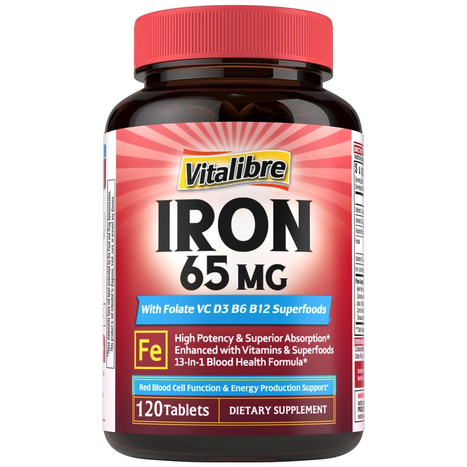 Vitalibre Iron Supplement for Women & Men, 65 mg, Ferrous Sulfate, Vitamin C, D3, B6, B12, Folate, Beet Root, Spinach, Pumpkin Seeds, Nettle, for Red Blood Cell & Energy Production, 120 Tablets 120 Count (Pack of 1)