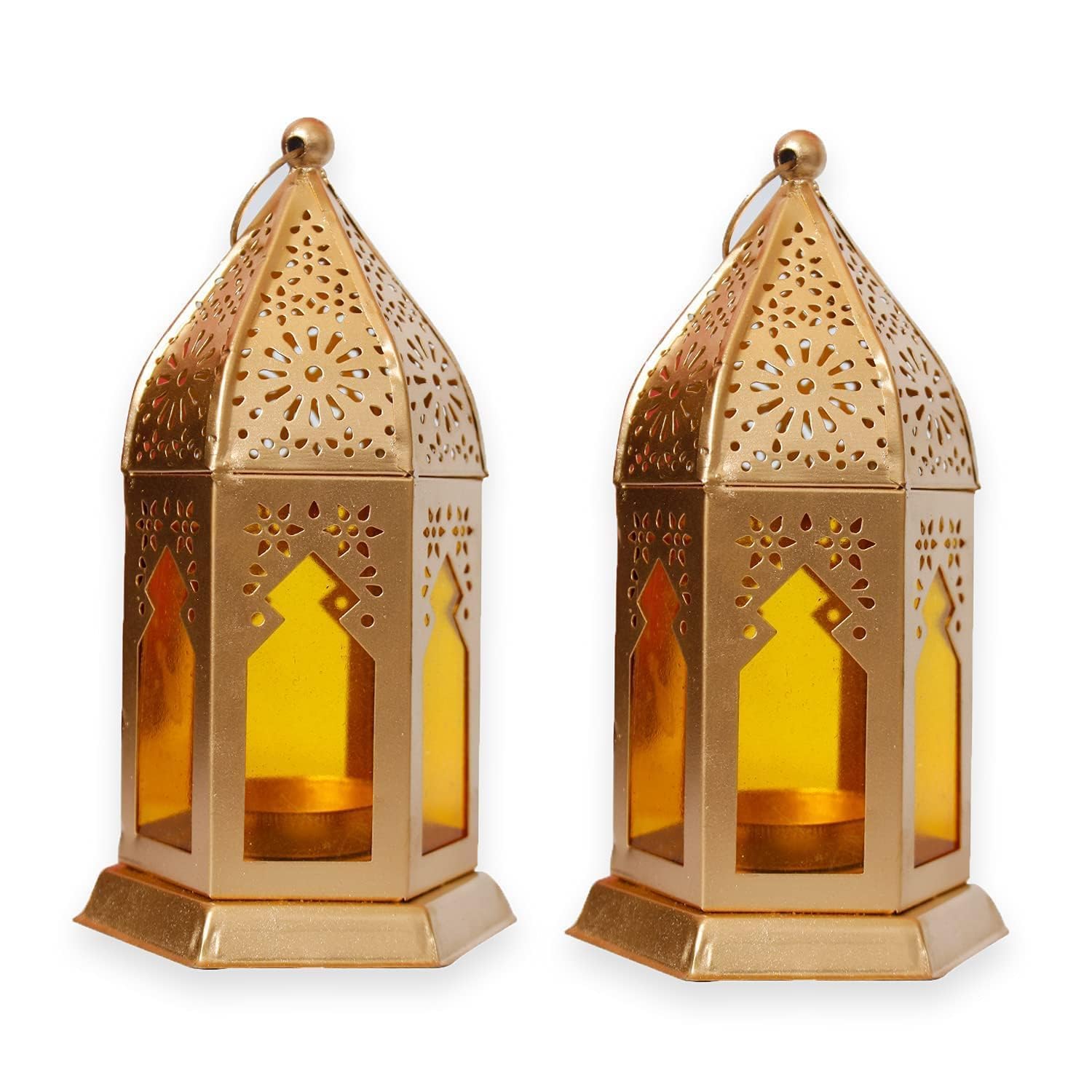 Decorative Iron Lantern Tea Light Candle Holder Set (2 Pieces) | Gold Hexagonal Hanging Lamp with Cutwork Design, 17 cm | Metal Lantern for Home Decor, Diwali, Christmas-image-15