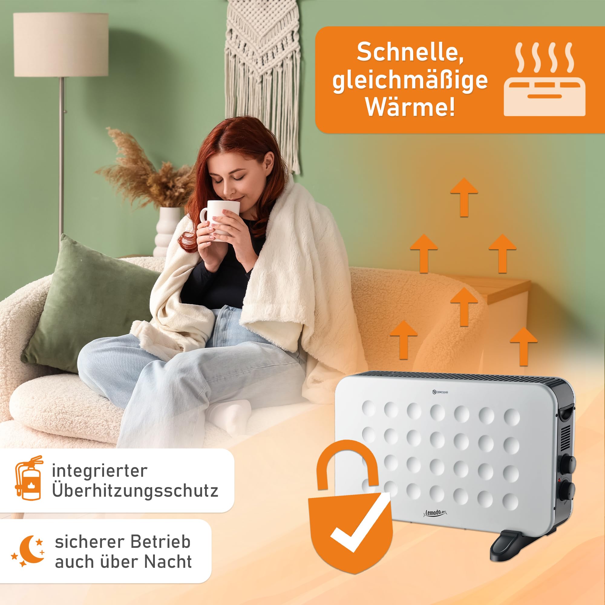 Lemodo Elektroheizung mobil, energiesparende elektrische Konvektor Heizung mit Thermostat, 2 Heizstufen 1250W / 2000W, leiser Heizkörper ohne Gas, Standgerät für Wohnung Büro Bad, Überhitzungsschutz