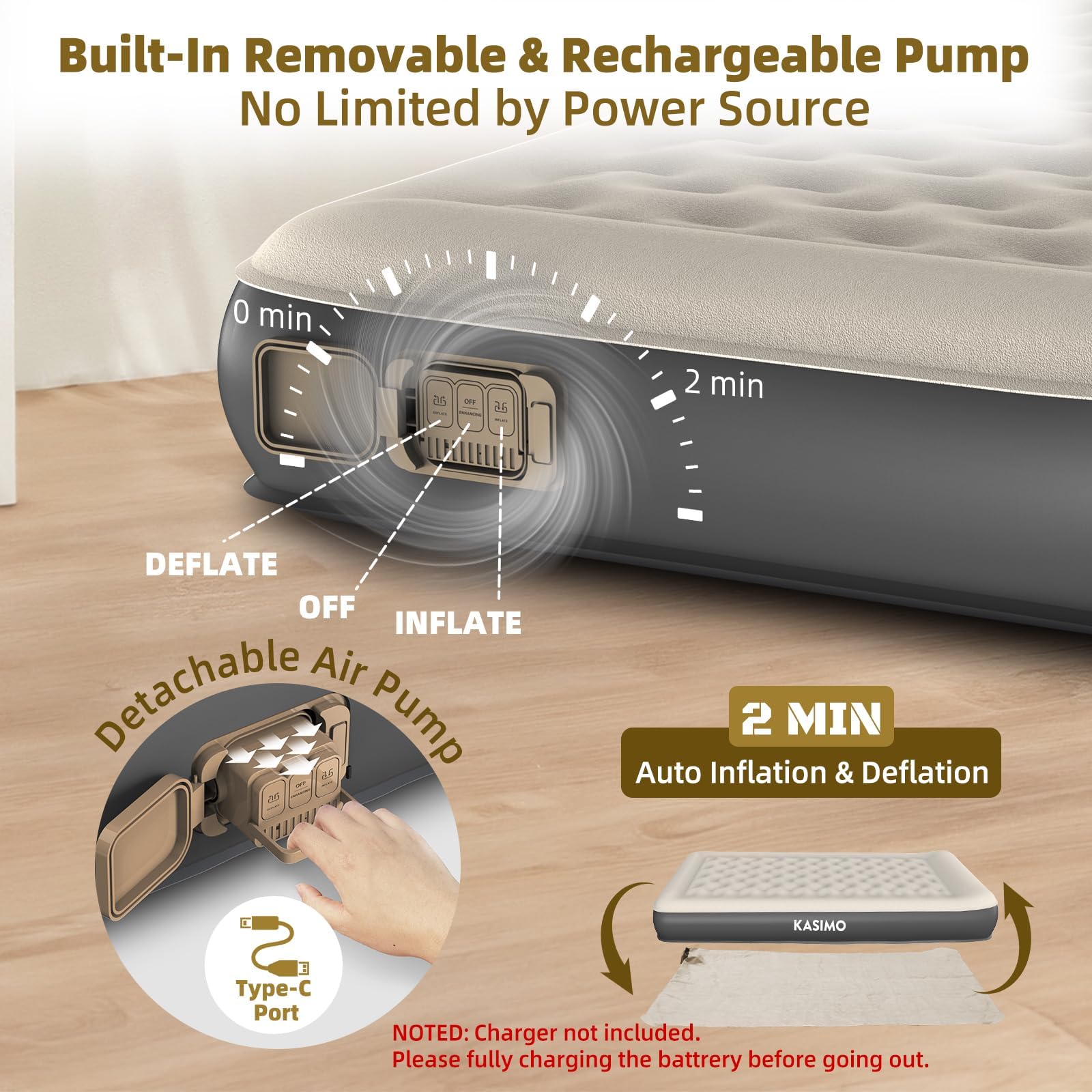 KASIMO Colchón de aire con bomba integrada, inflable TPU con almohada, para camping viajes casa de invitados individual