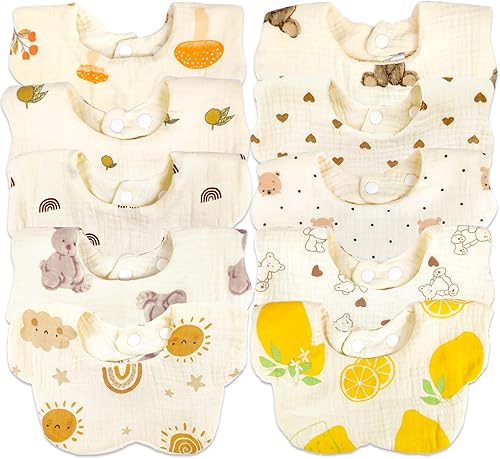 Baberos de muselina para bebé niña niño para babeo y dentición, paquete de 10 Lemon Yellow,Beige,Azul,Rojo oscuro,Beige claro,Varios