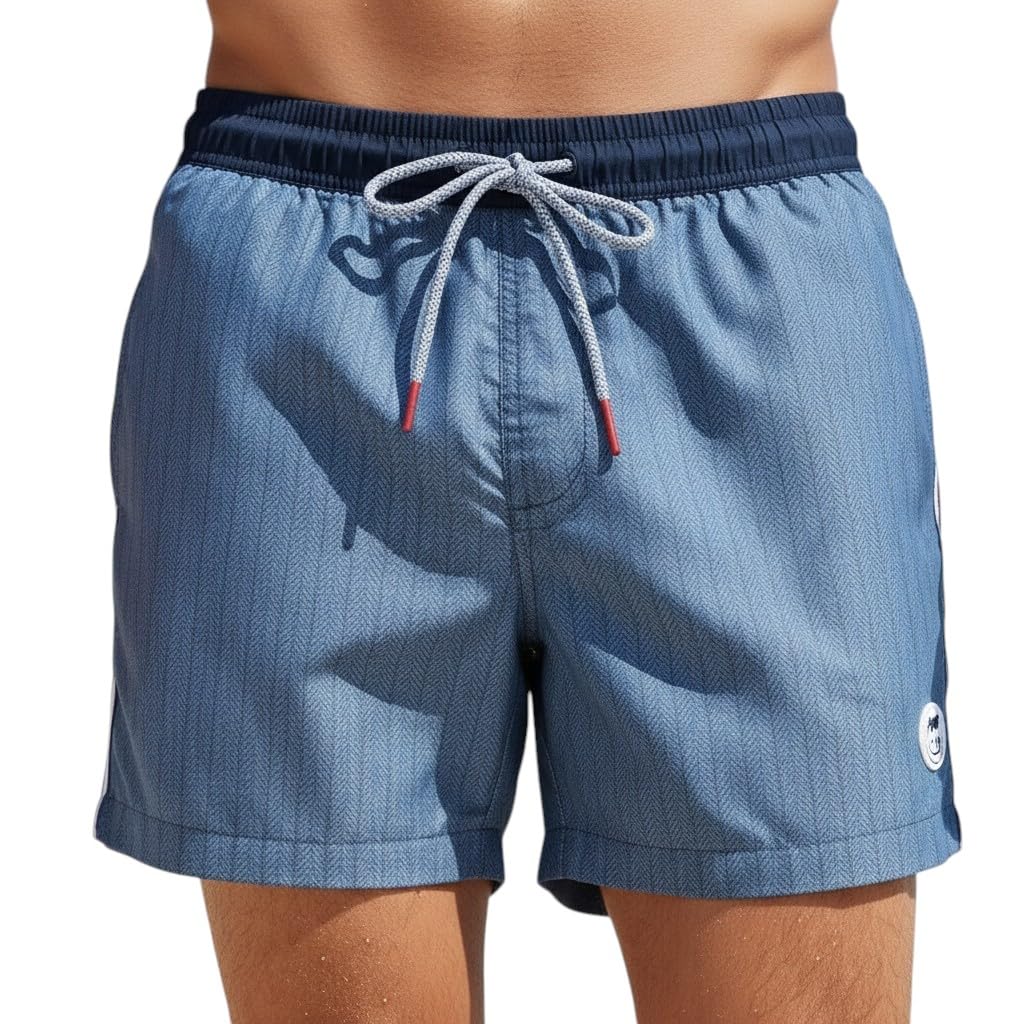 Short de Bain Homme Sportif Chevron | Bleu Navy ou Turquoise Lagon - 36cm | Maillot Bande Tricolore, Filet et Infroissable