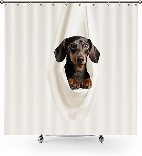 Miniatura 2 de Cortinas de ducha clásicas divertidas  Dachshund descansando en tela blanca colgada de poliéster tela de poliéster decoración de baño con ganchos,