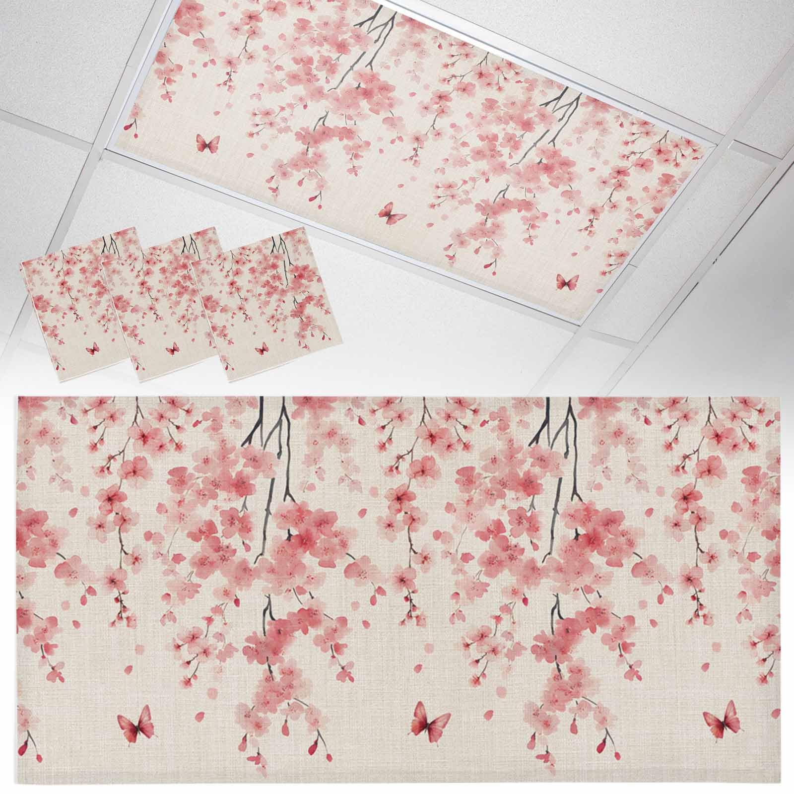Wowouhiya 3 Pack Fluorescent Light Cover for Ceiling Lights, Pink Floral Blossom Magnetic Classroom Light Filters 4x2 Feet, Spring Pastoral Botanical Vintage Decorative Ceiling Shade Panel for Office