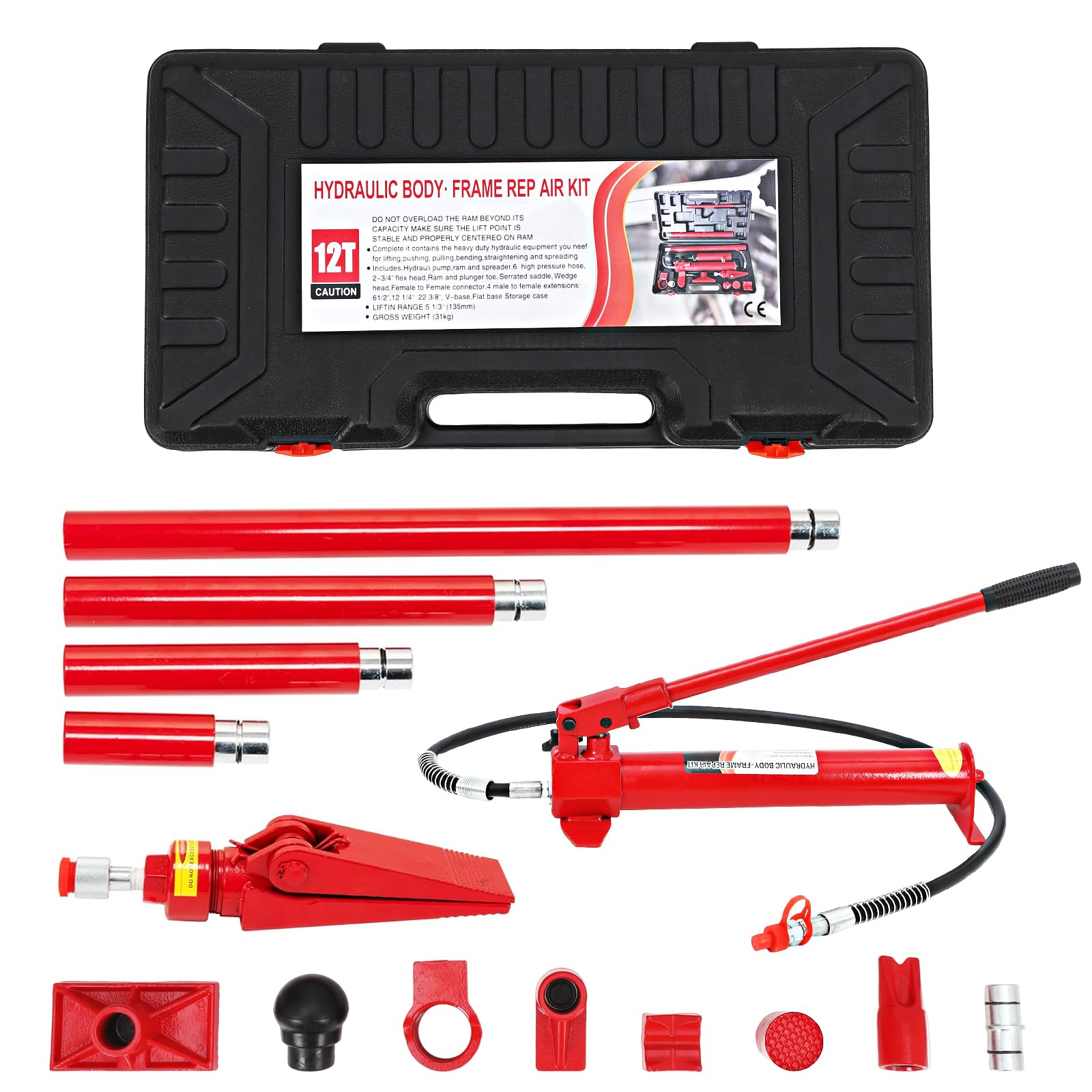 Garvee Kit hydraulique Professionnel Porta Power – Cric de Levage Robuste pour châssis Auto – Réparation, manutention, Atelier – Vérin, Mallette de Transport – Capacité : 12 tonnes