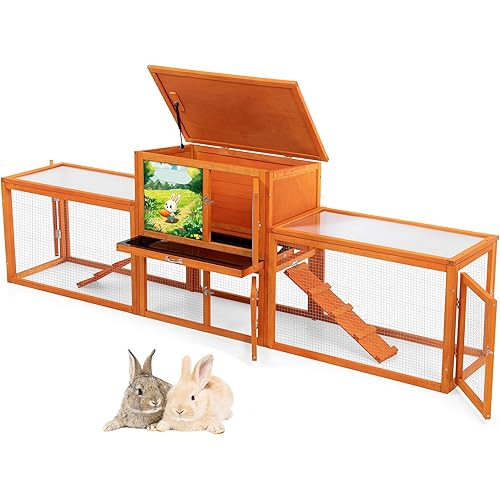Outdoor Rabbit Hutch, 94" L x 19" W x 31" H Extra Large Bunny Hutch by COZIWOW, Wooden Rabbit Cage Indoor for Small Animals with Removable Tray & Weatherproof Roof, Orange