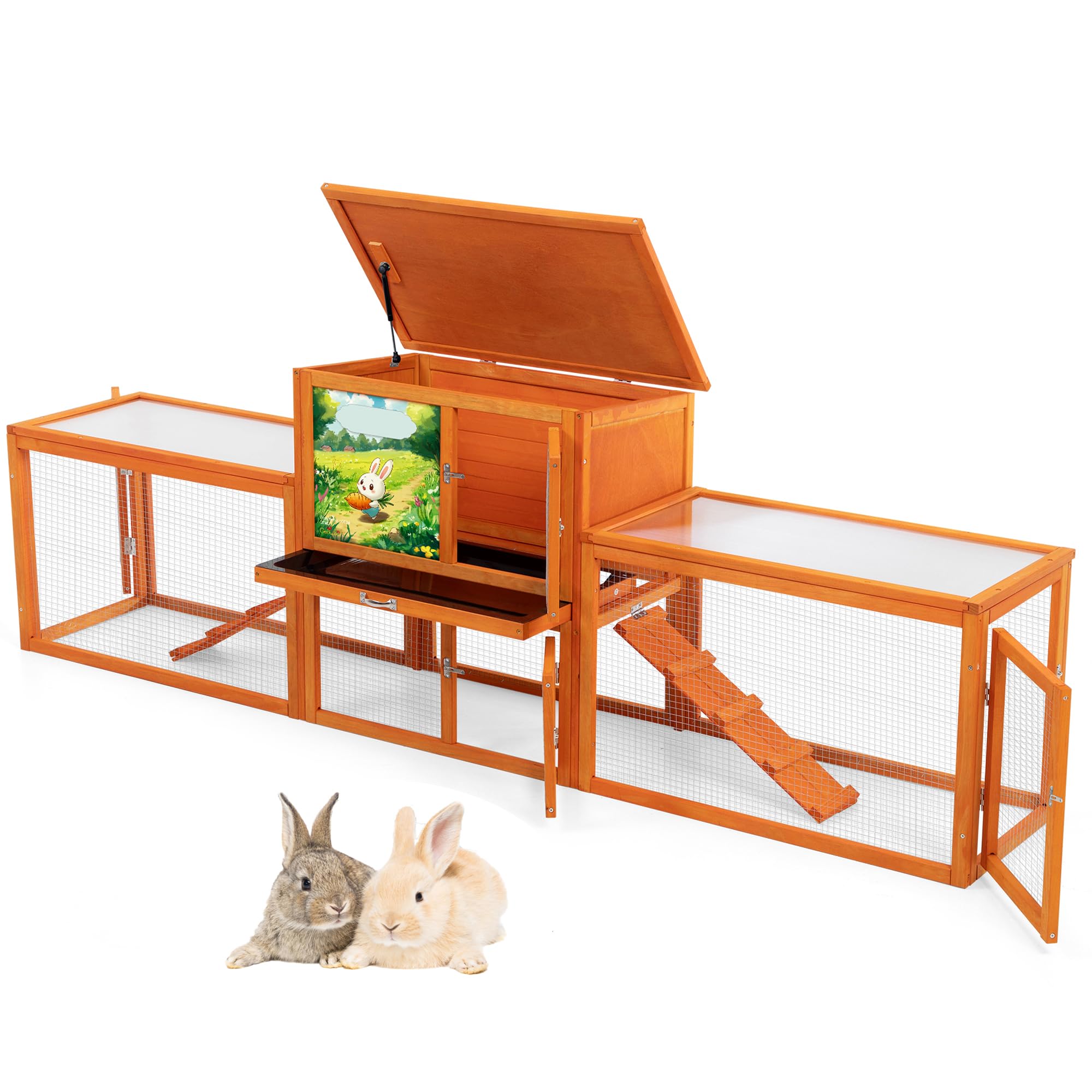 Outdoor Rabbit Hutch, 94" L x 19" W x 31" H Extra Large Bunny Hutch by COZIWOW, Wooden Rabbit Cage Indoor for Small Animals with Removable Tray &