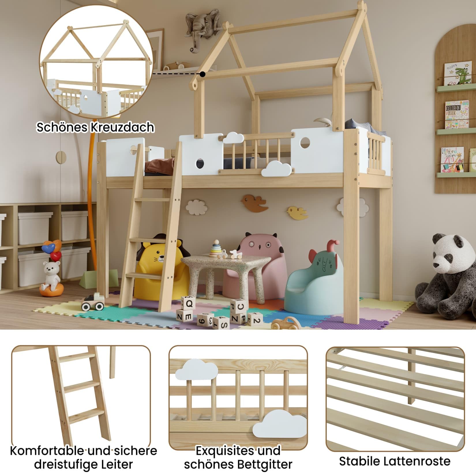 PUGSDRLY Lit Mezzanine Enfant 90x200cm avec Barrières,Lit Cabane Enfant avec échelle et Design Unique du Toit,Mi Hauteur,Cadre en Pin,Blanc+Naturel
