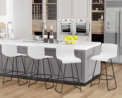 Miniatura 2 de Juego de 4 taburetes de bar giratorios de altura de mostrador con respaldo de 30 pulgadas con asiento de plástico, taburetes de bar de metal para
