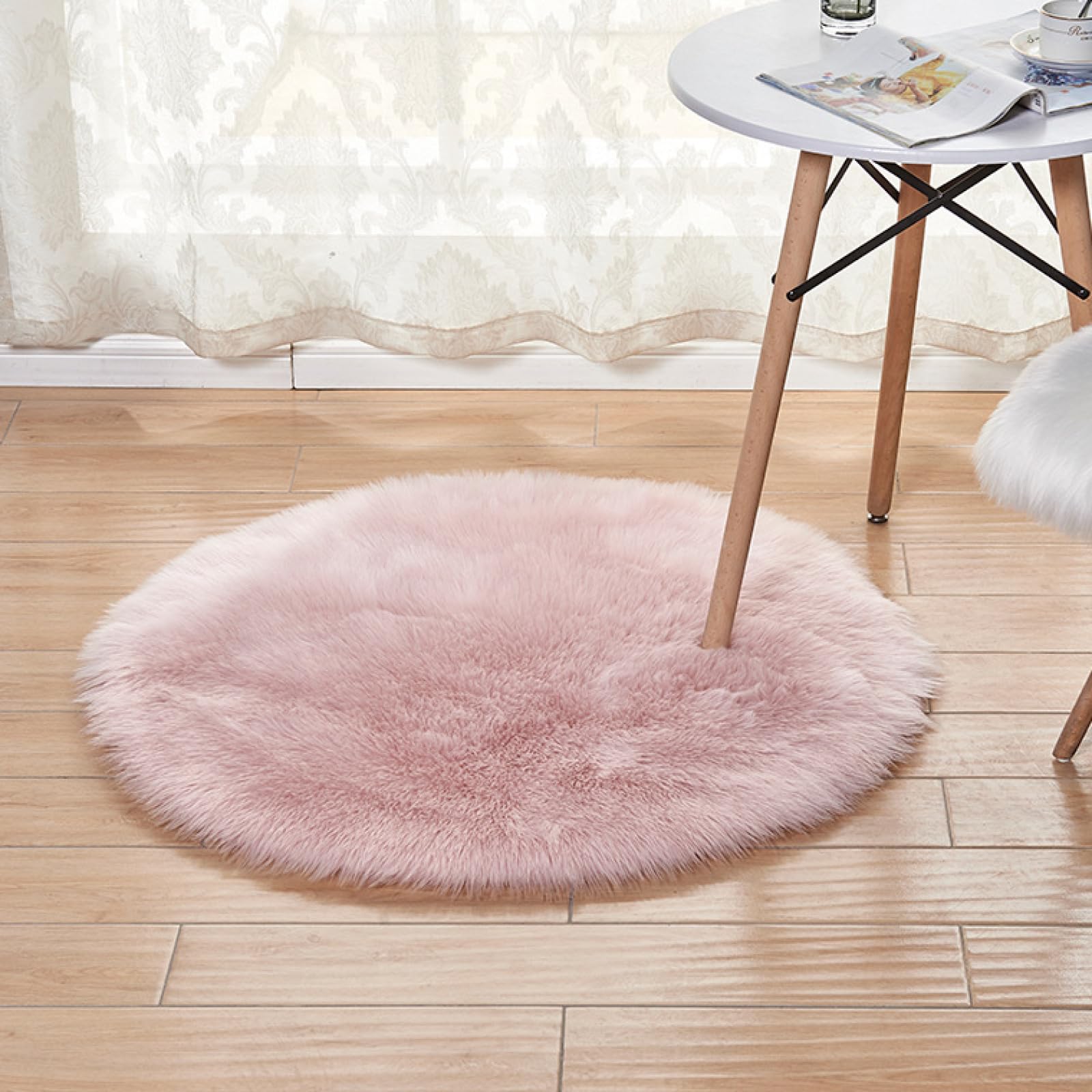 Tapis rond rose de 180 cm en fausse fourrure pour le salon et la chambre