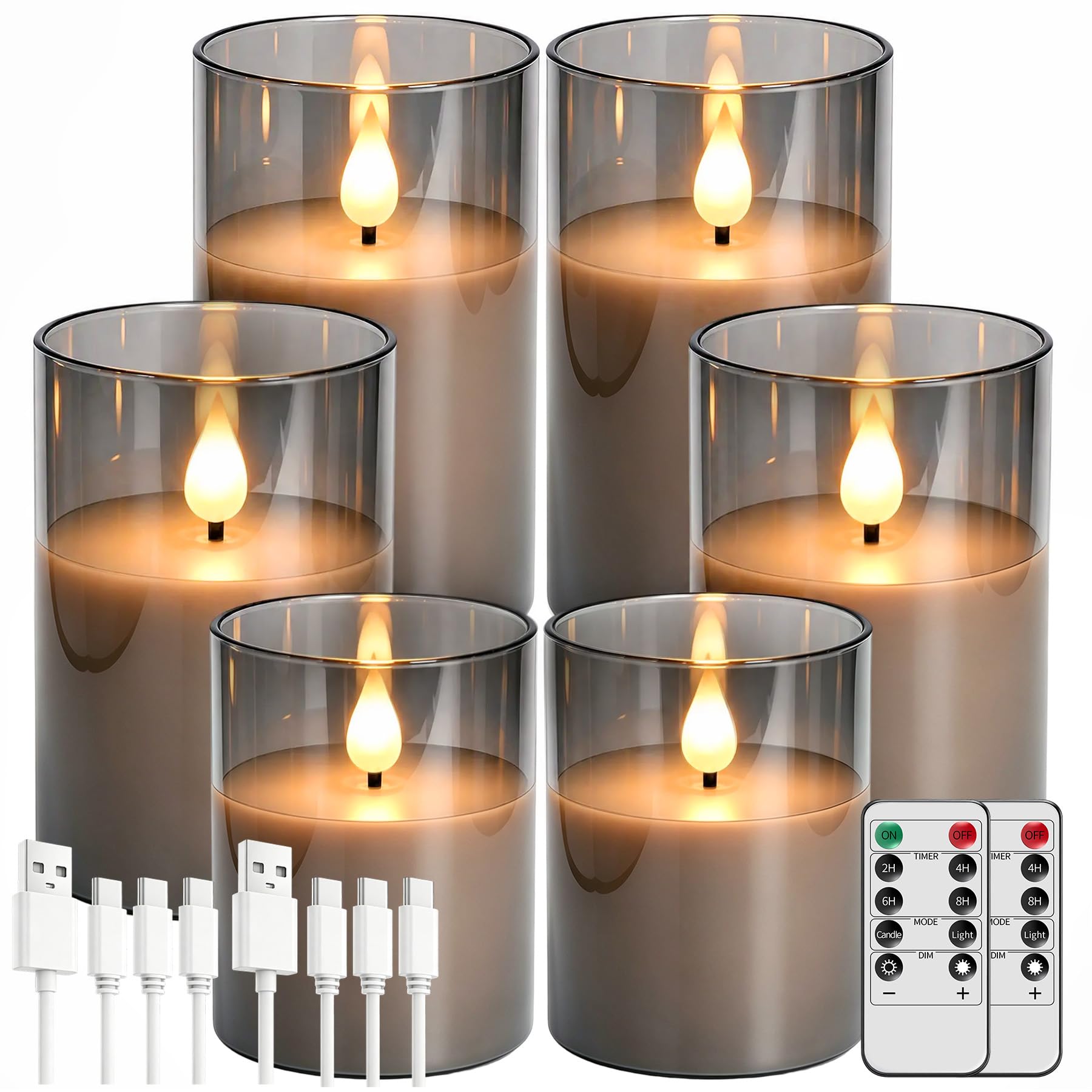 Bougies LED Rechargeable,Lot De 3 Verre Gris Bougies LED Sans Flamme avec télécommande et minuterie(10/12.5/15cm),Bougies Décoratives pour Fête, Anniversaire,Mariage