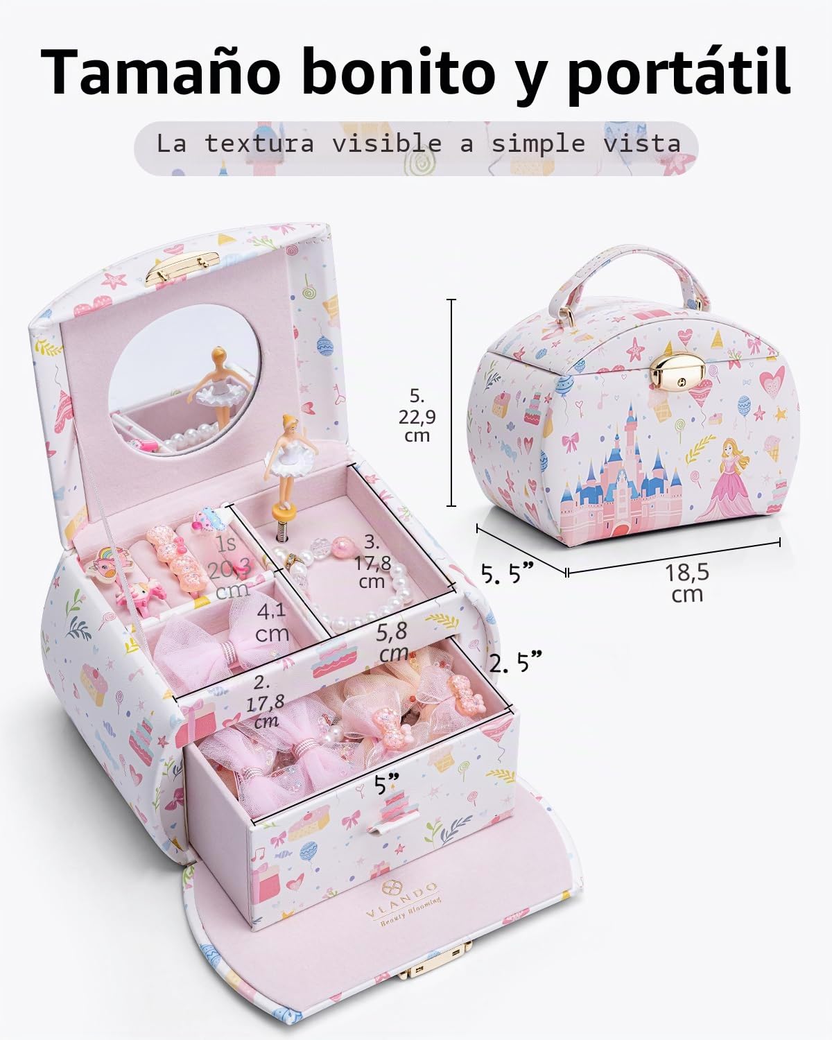 VLANDO Caja de música joyero para niñas con cajones, regalo cumpleaños 6-8 años, bailarina cuero melodía canon