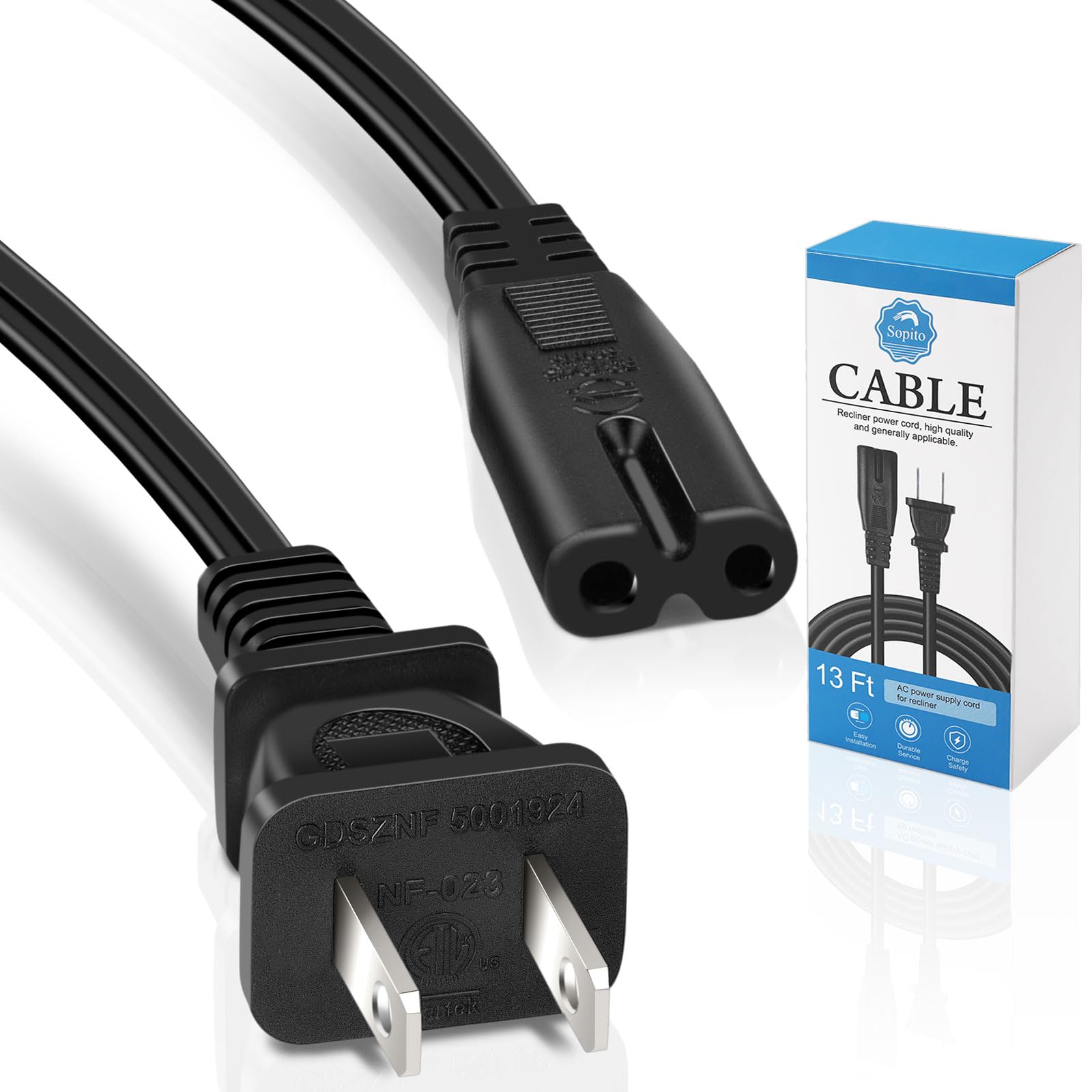 Sopito 13.1 Ft AC Power Supply Cord Replacement for Recliner Lift Chair Okin, Limoss, Pride, Lazboy, Berkline, etc.